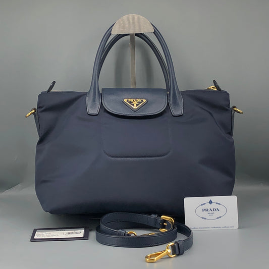 Prada Re-Nylon Tote Handbag Navy Blue