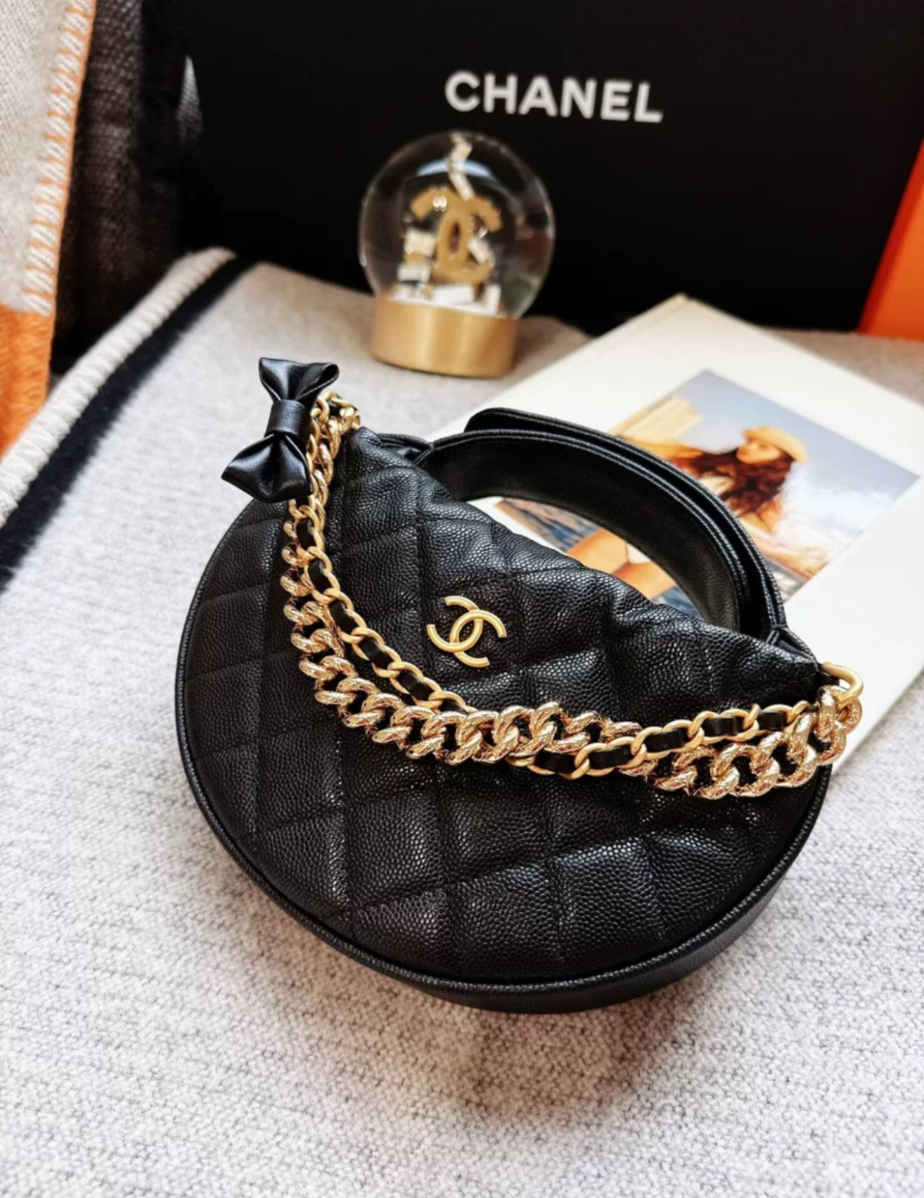 Chanel 24S Black Gold Lychee Leather Bow Chain Hula Hoop Bag