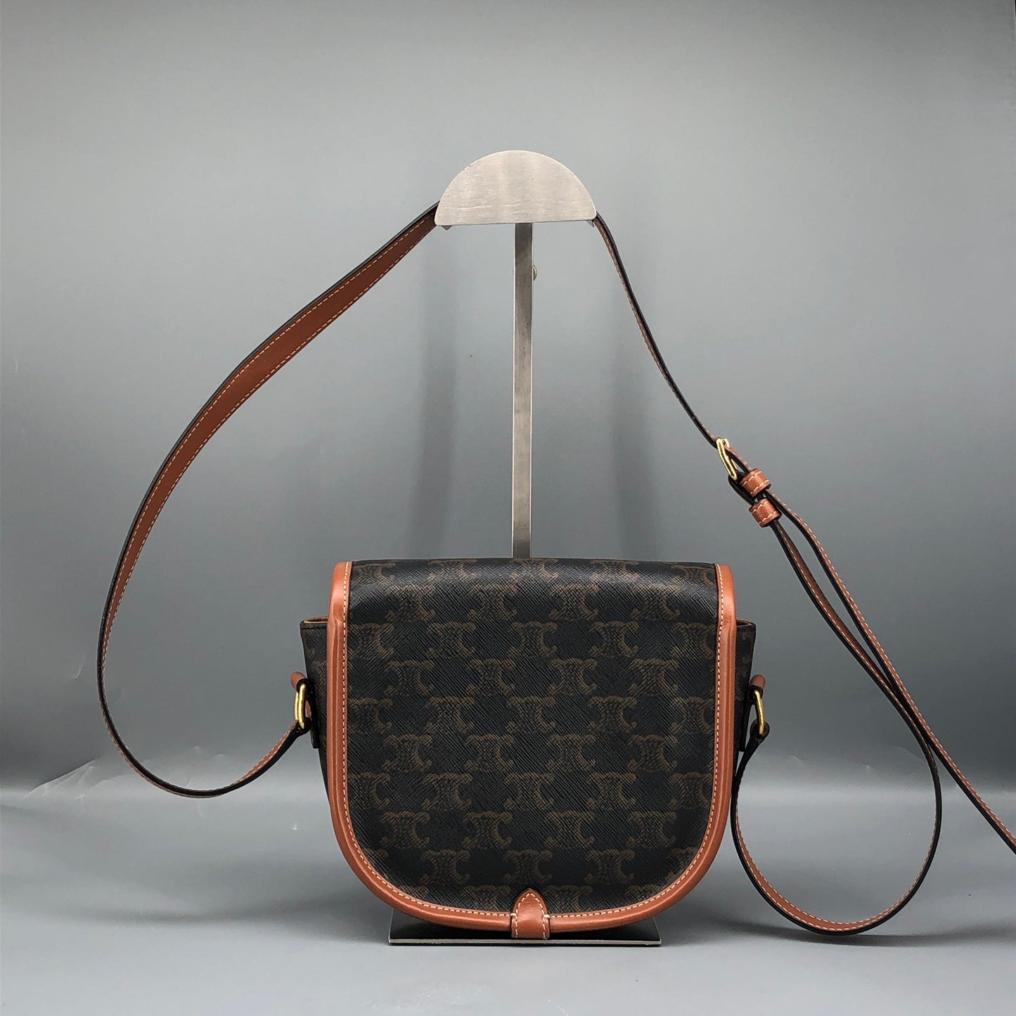 Celine Triomphe Canvas Medium Folco Crossbody Bag Dark Brown