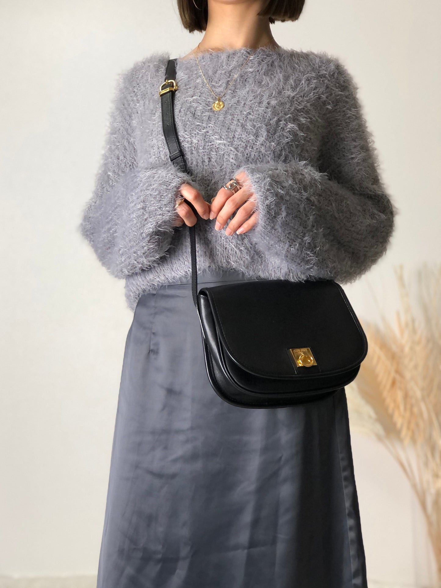 CELINE Gancini Flap Leather Shoulder bag Round bag Black btrkh7