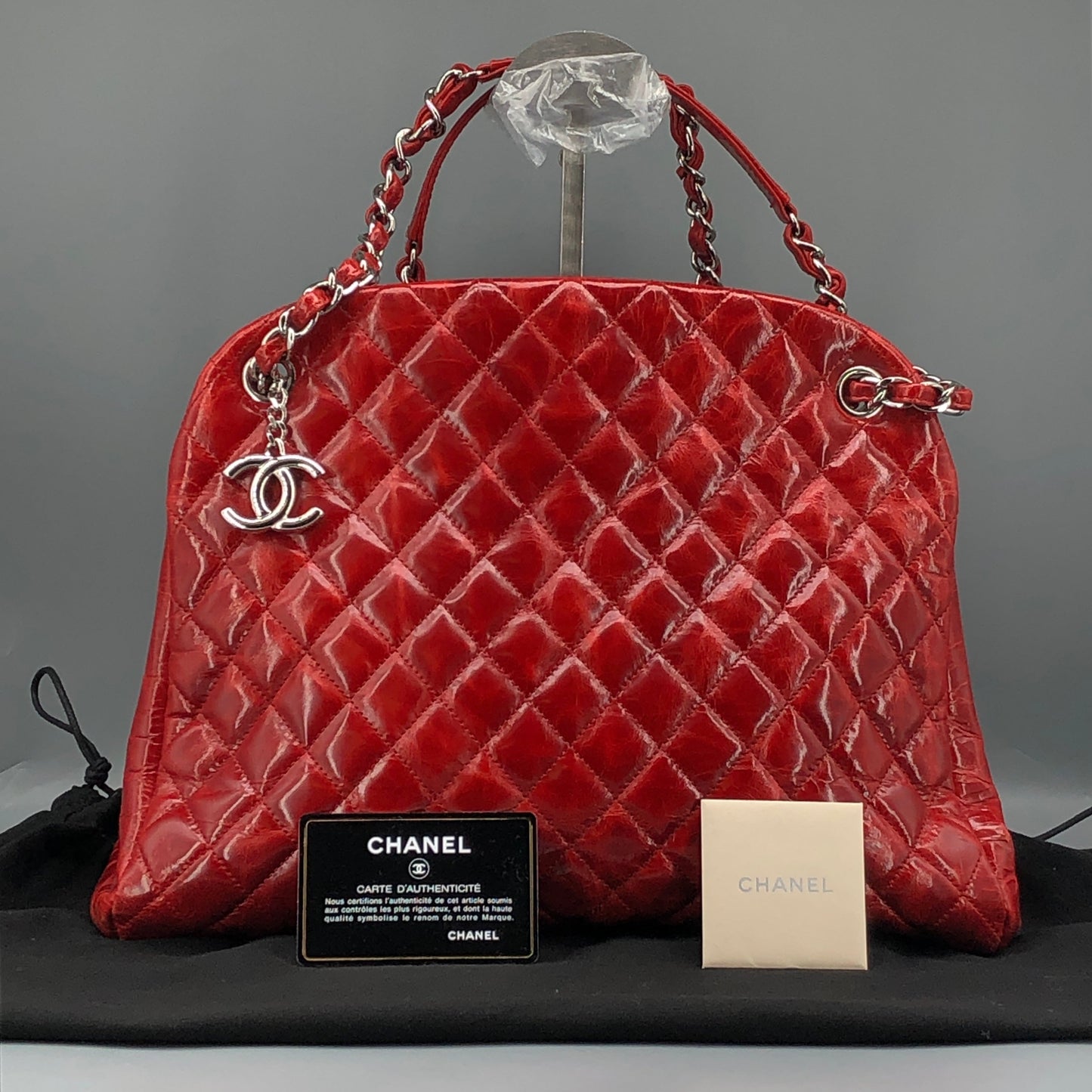 Chanel Just Mademoiselle Quilted Patent Leather Bowling Shoulder Bag Cherry Red