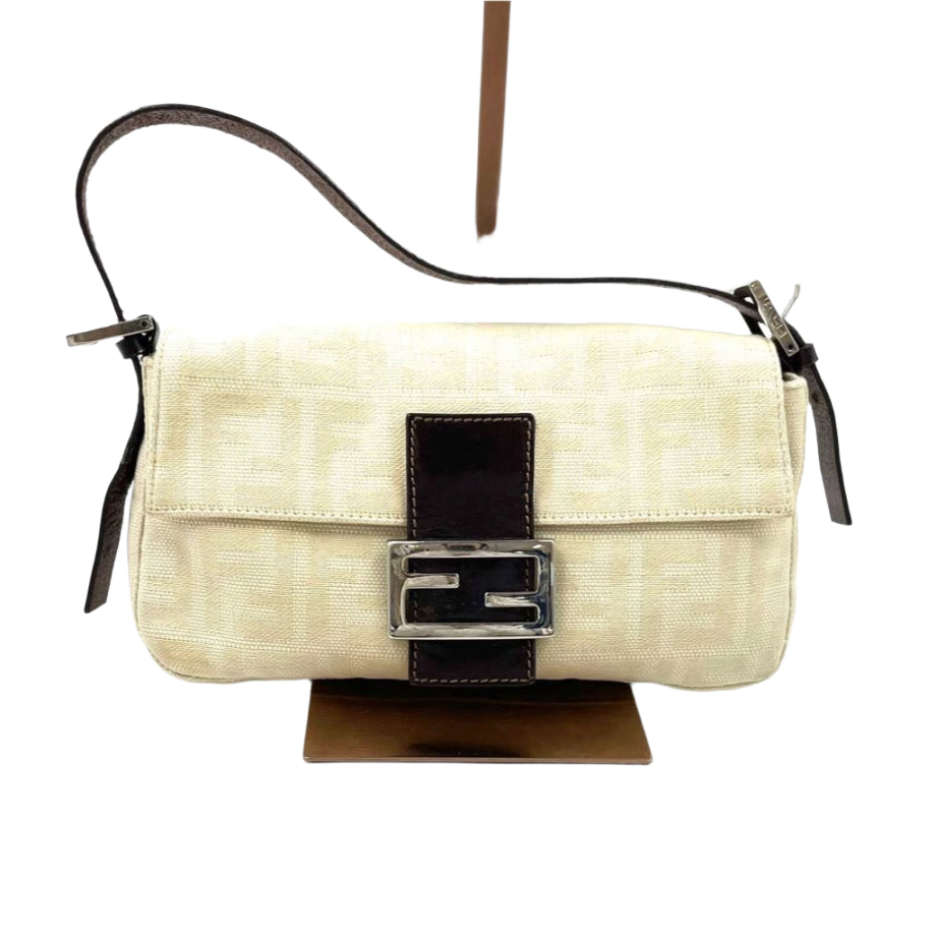 Fendi Baguette Beige Canvas Zucca Print Shoulder Bag