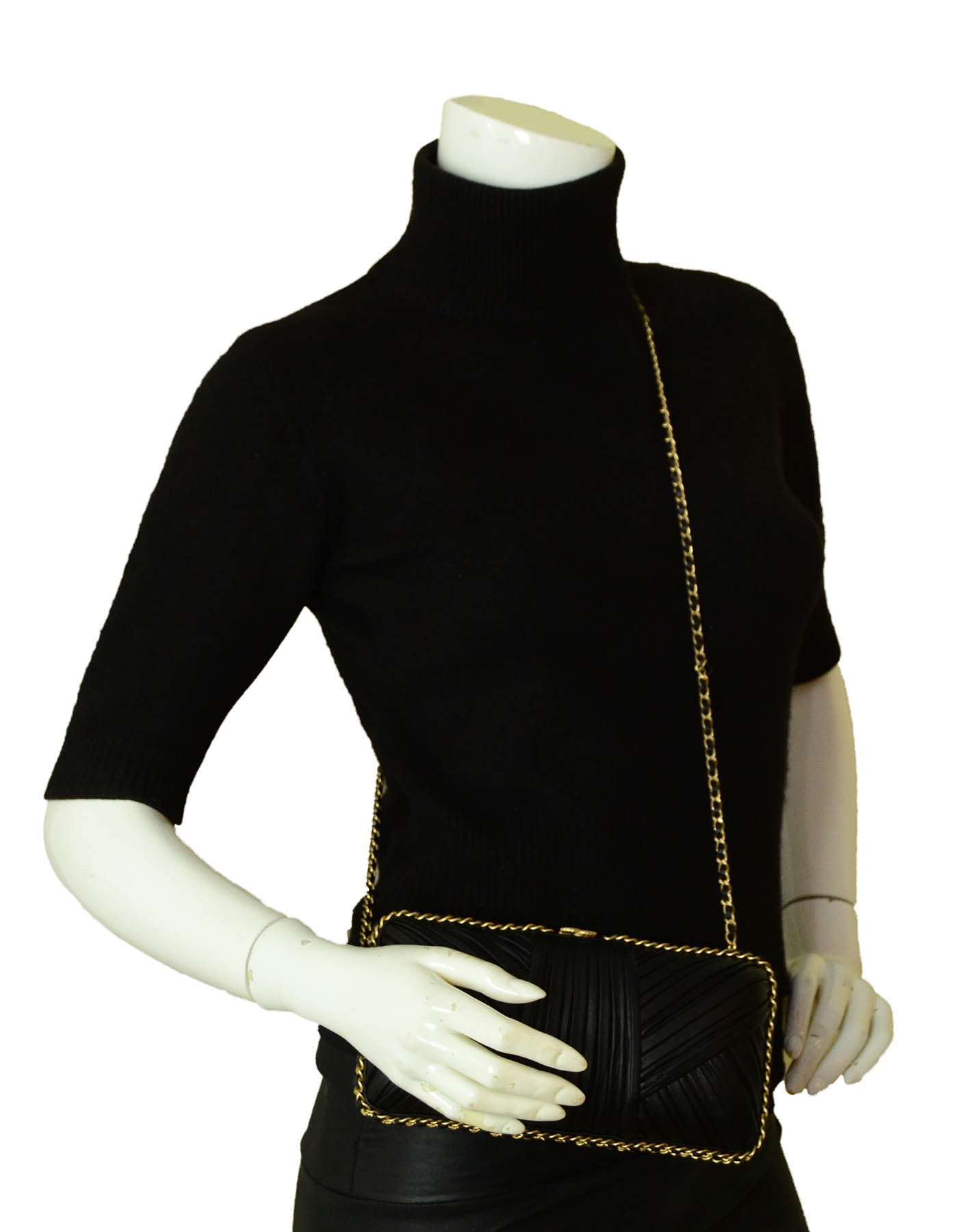 Chanel Black Pleated Chain Around Clutch Crossbody Bag - Rovelle Bags