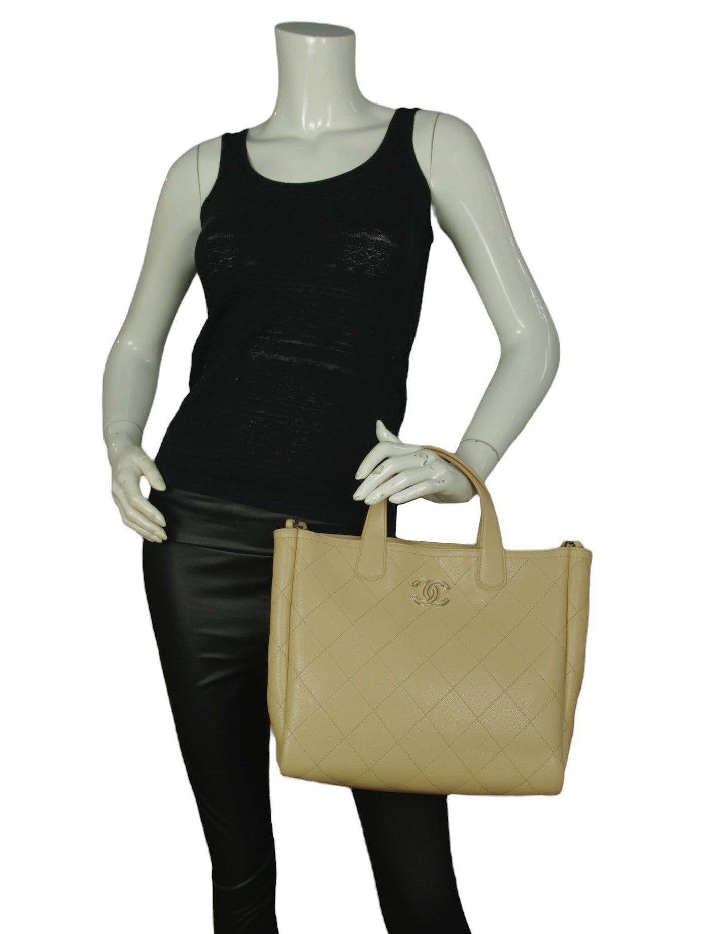 Chanel Beige Caviar Quilted CC Shopping Tote Bag - Rovelle Bags