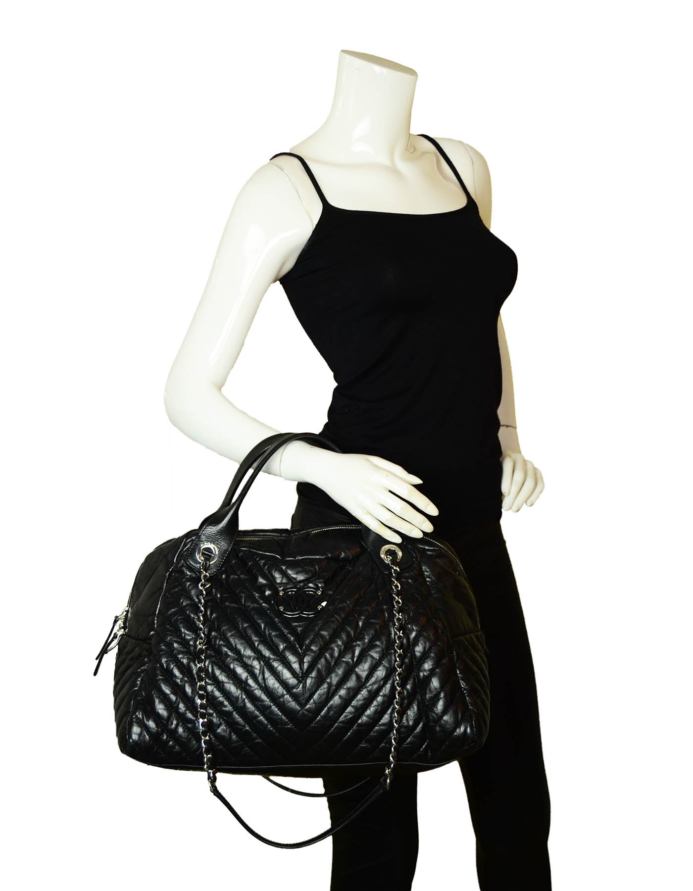 Chanel Black Aged Calfskin Leather Chevron Handbag - Rovelle Bags