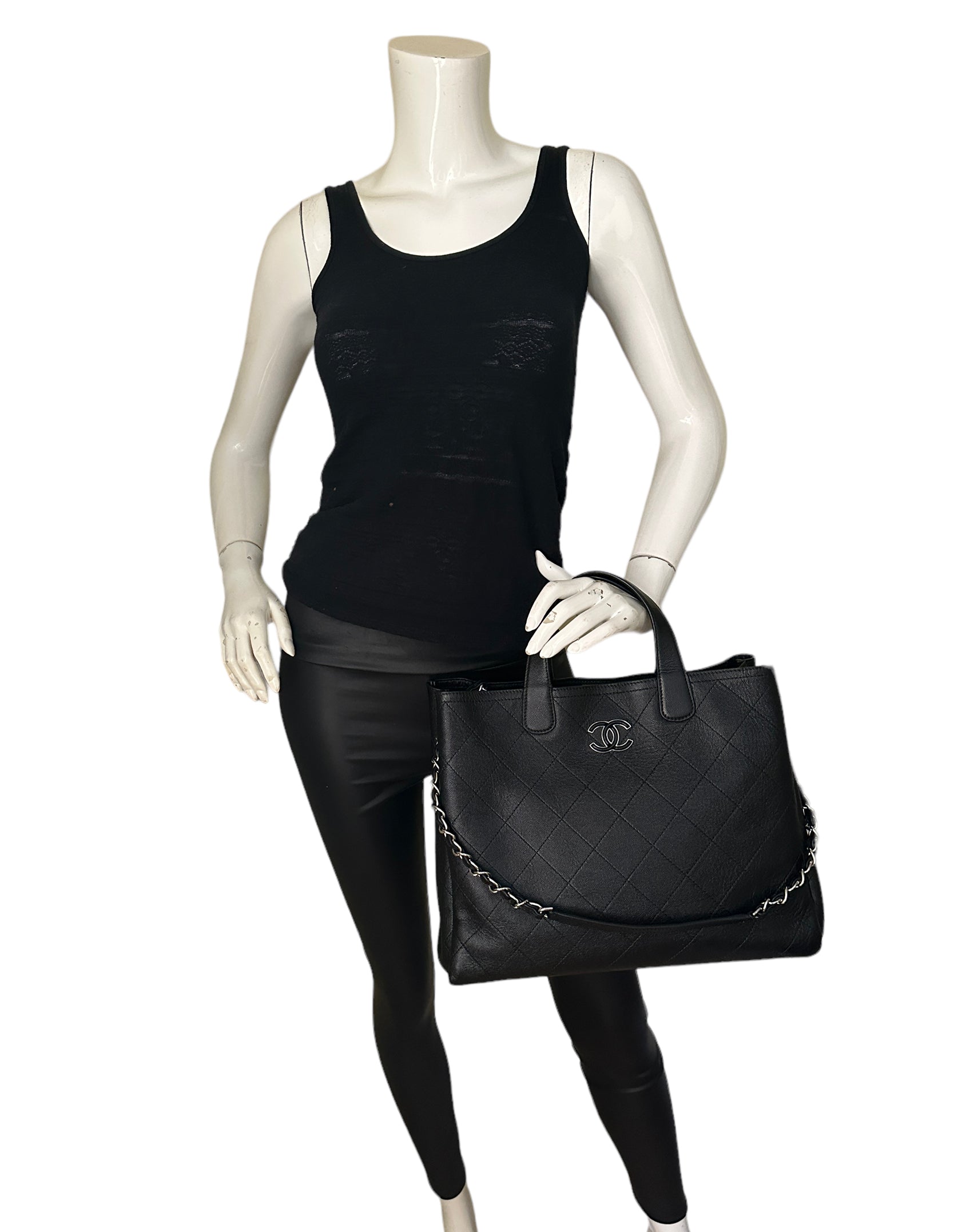 Chanel Black Caviar Leather Quilted CC Tote Bag - Rovelle Bags
