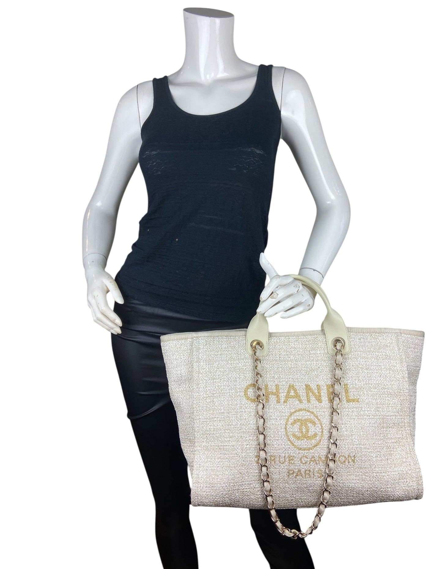 Chanel White/Gold Canvas Medium Deauville Tote Tote Bag - Rovelle Bags