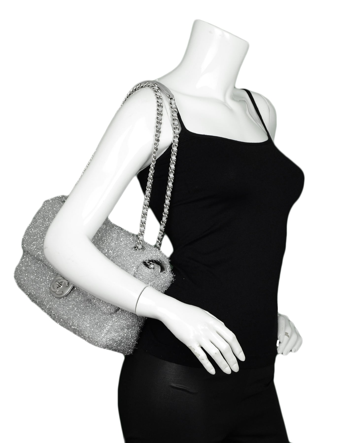 Chanel Silver Quilted Knit Pluto Glitter Flap Bag - Rovelle Bags