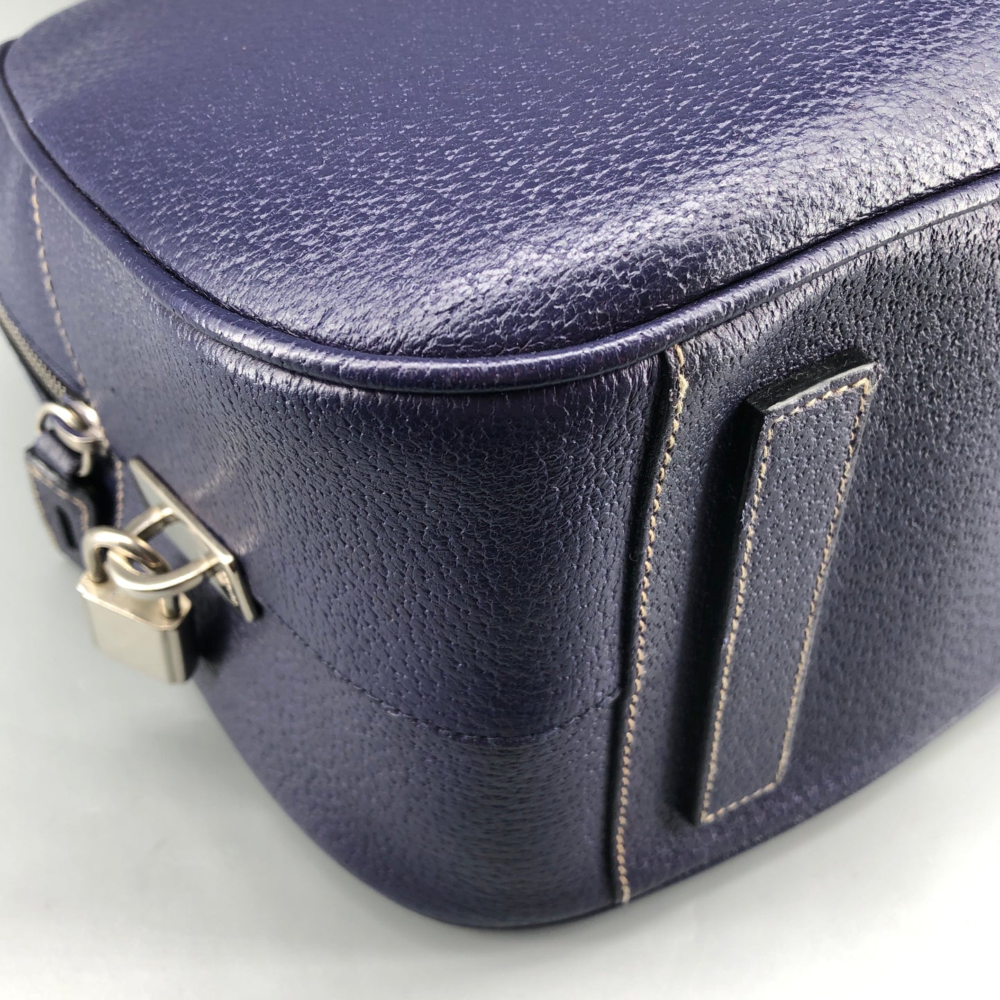 Prada Bauletto Medium Pebbled Leather Handbag Ink Blue