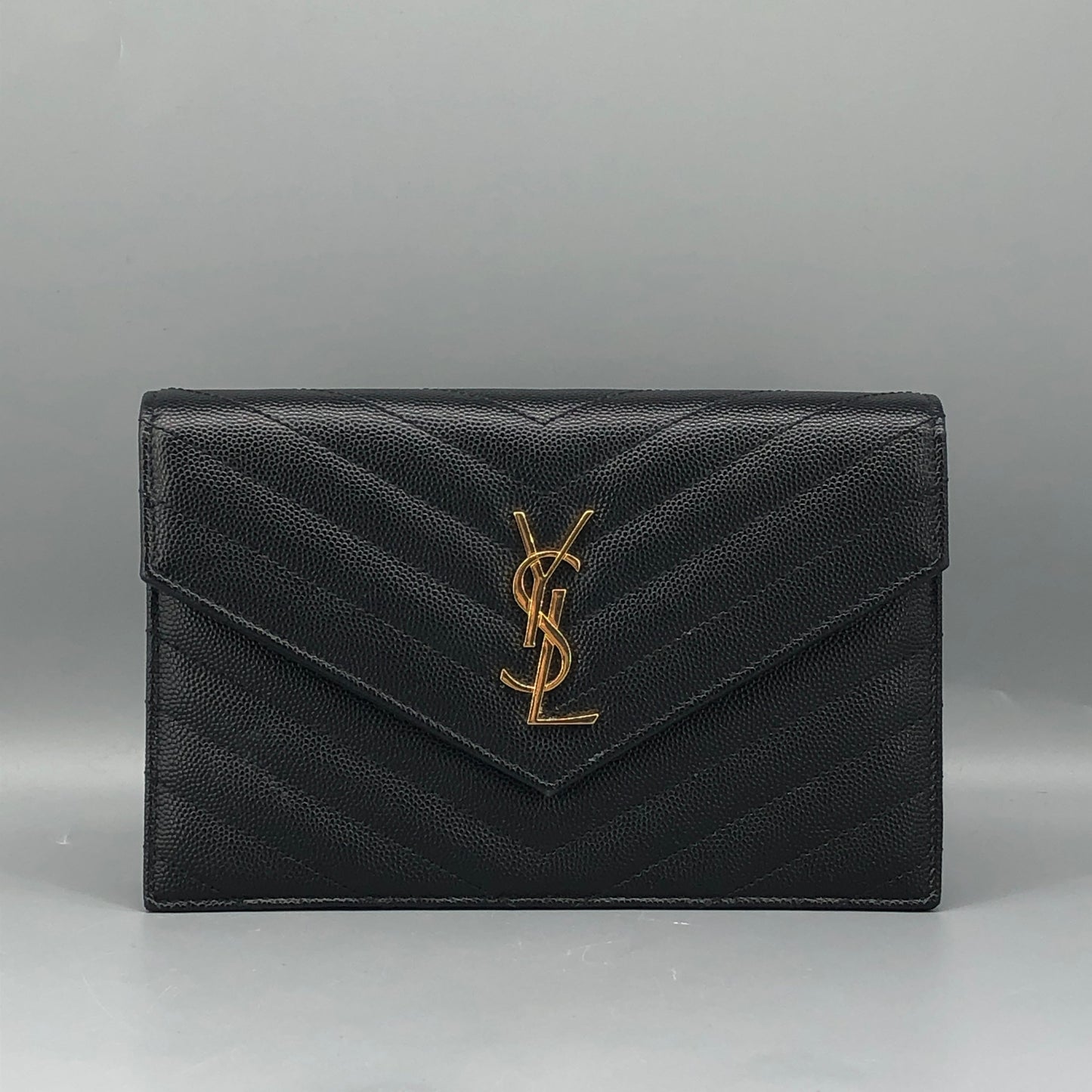 Saint Laurent Envelope Chevron Grain Leather Chain Shoulder Bag Black