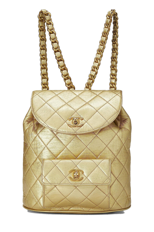 Chanel Chanel, Gold Metallic Lambskin Classic Backpack - Rovelle Bags