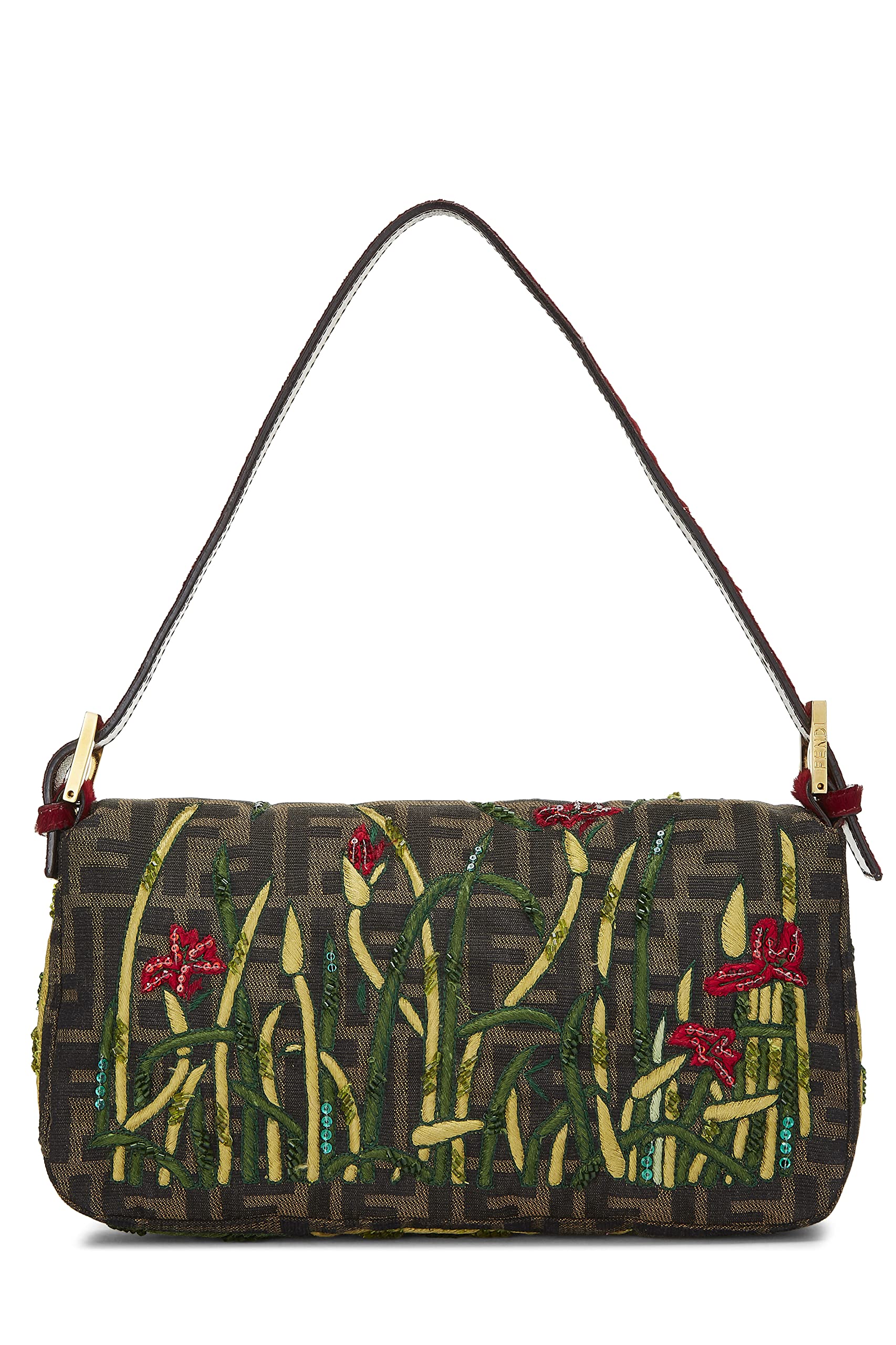 Fendi, Brown Zucca Canvas Embroidered Baguette, Red