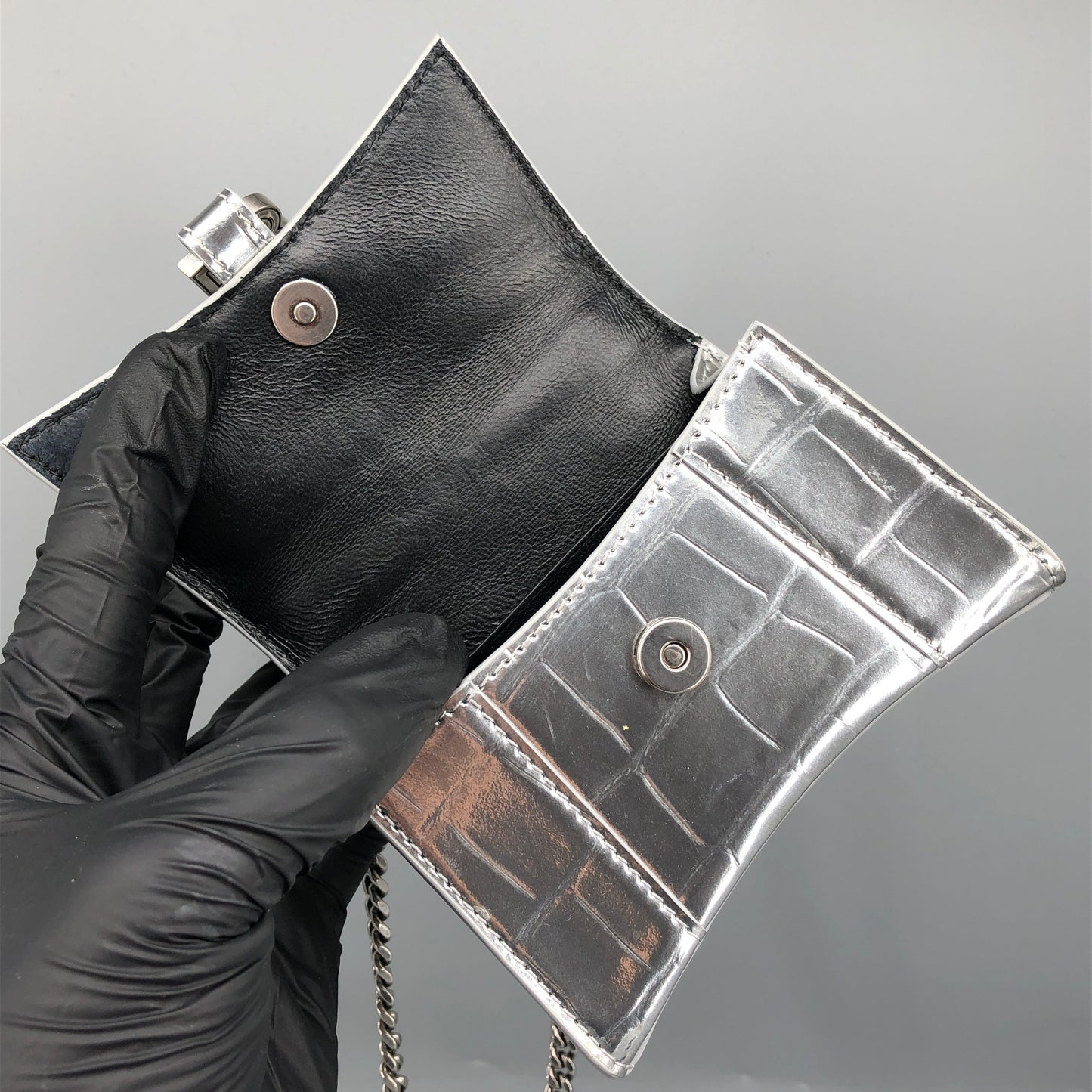 Balenciaga Silver Croc Embossed micro Hourglass Top Handle Bag
