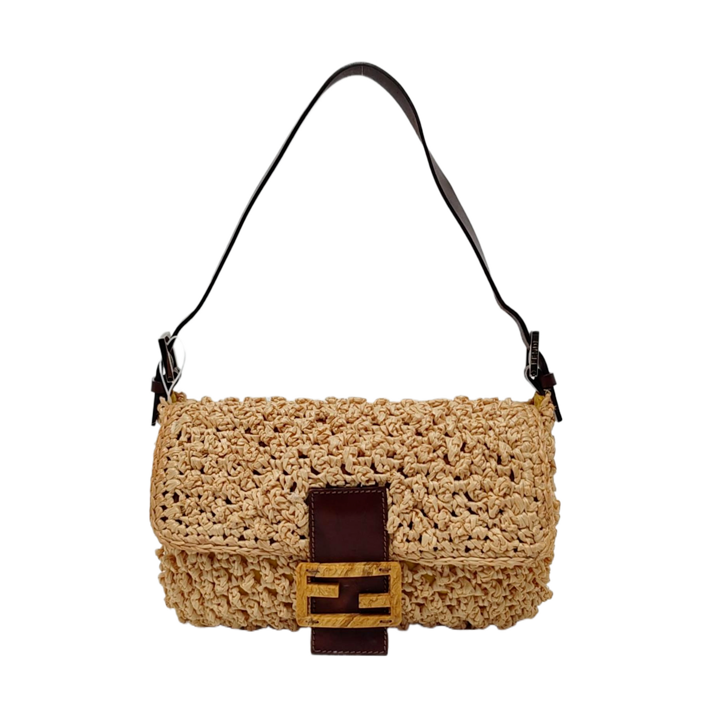 Fendi Baguette Raffia Straw Beige and Brown Leather Shoulder Bag