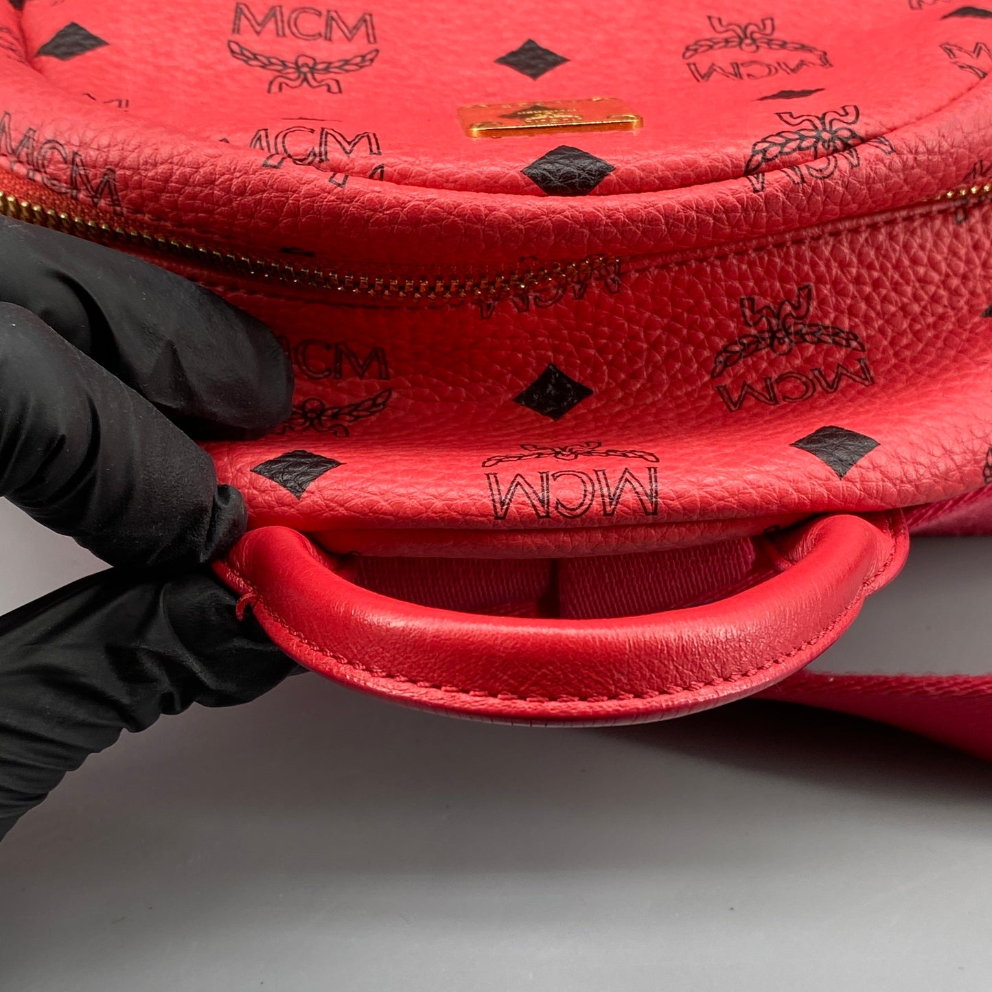 MCM Coral Red Visetos Mini Backpack