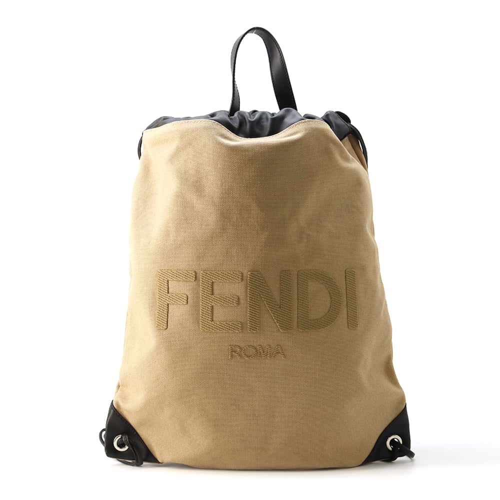 FENDI Backpack Beige/Black 7VZ057 Canvas Leather