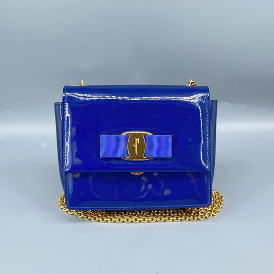 Salvatore Ferragamo Vara Bow Patent Leather Shoulder Bag Royal Blue