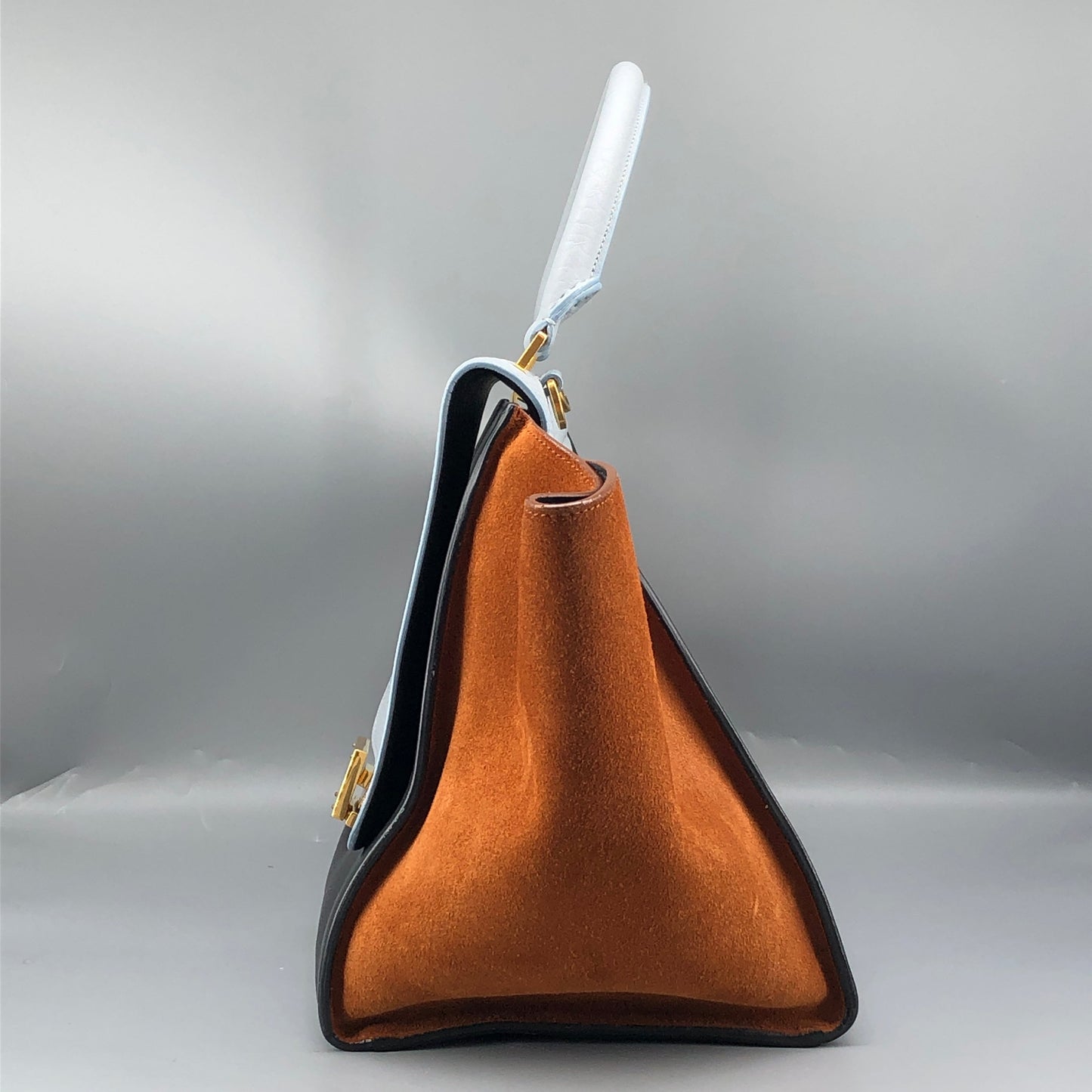 Celine Trapeze Leather & Suede Tote Bag Light Blue/Caramel/Black