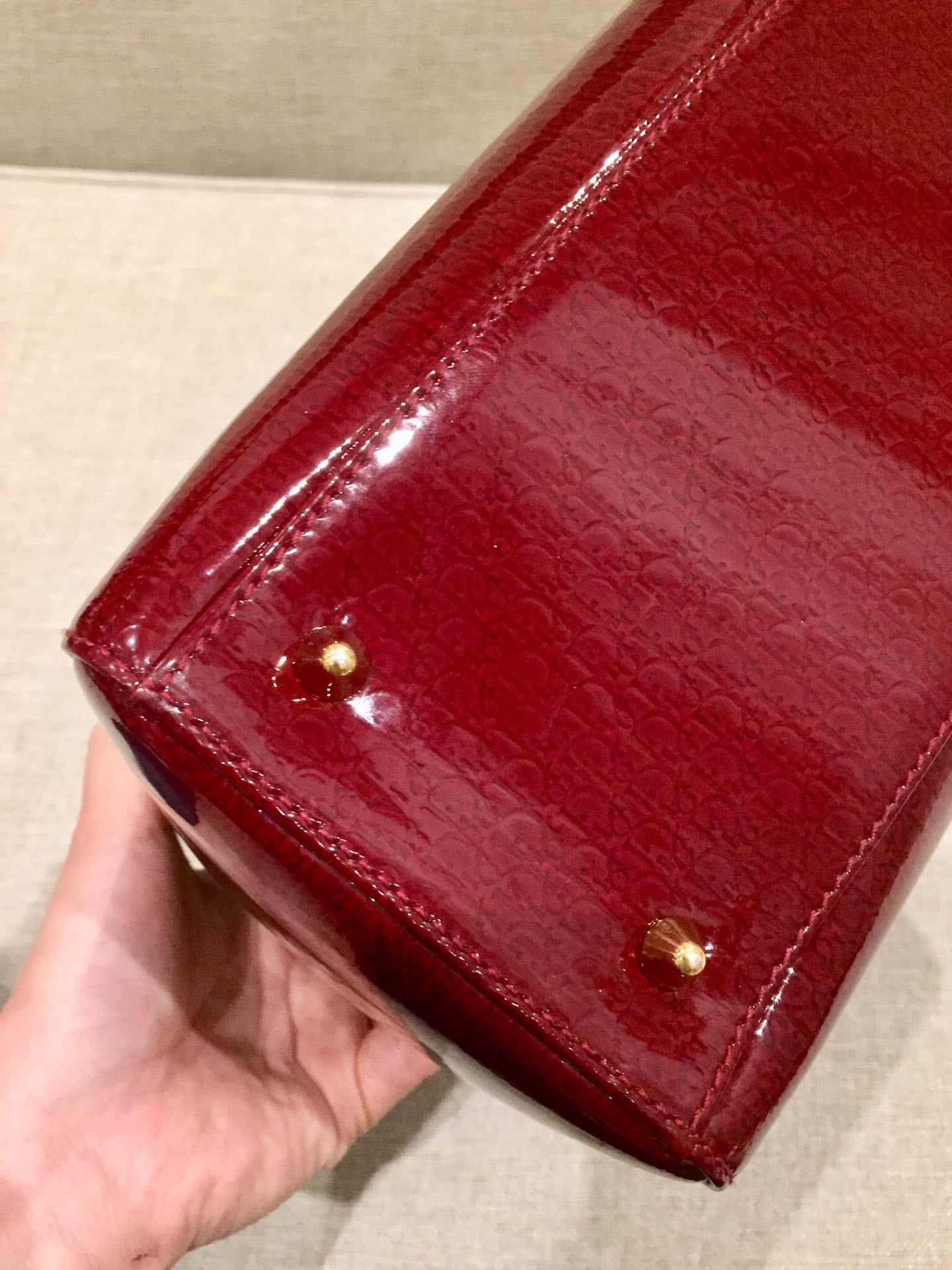 Lady Dior Medium Red Patent Leather Monogram Embossed Handbag Gold Hardware