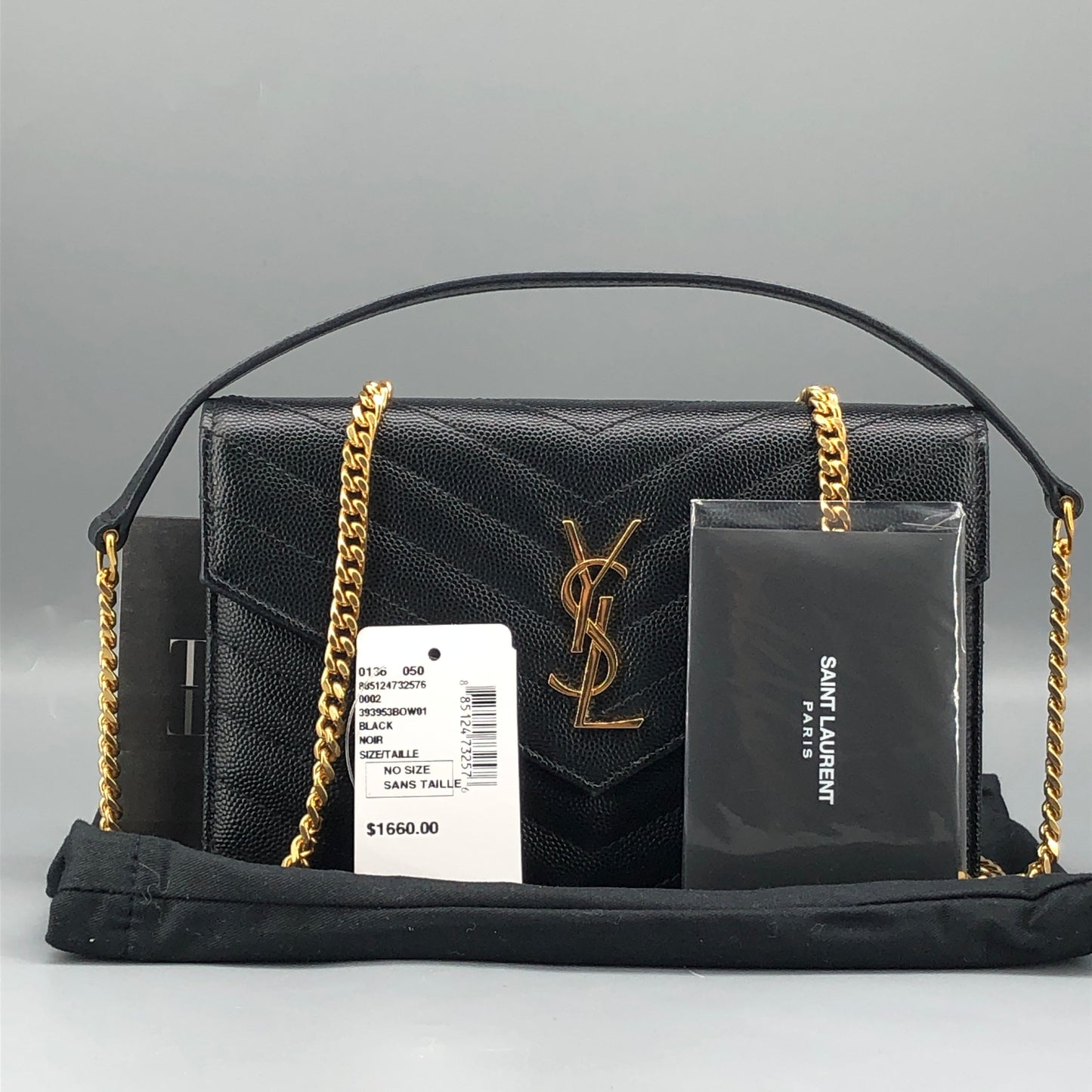 Saint Laurent Envelope Chevron Grain Leather Chain Shoulder Bag Black