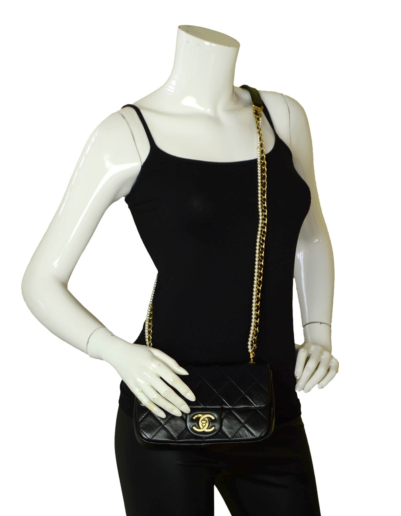 Chanel 2020 Black Calfskin Crystal Pearls Crossbody Bag - Rovelle Bags