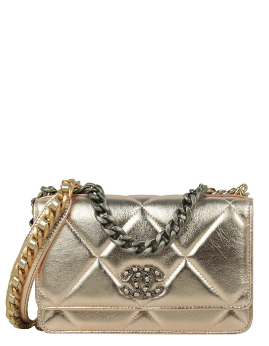 Chanel 2022 Gold Quilted 19 Wallet Crossbody Bag - Rovelle Bags