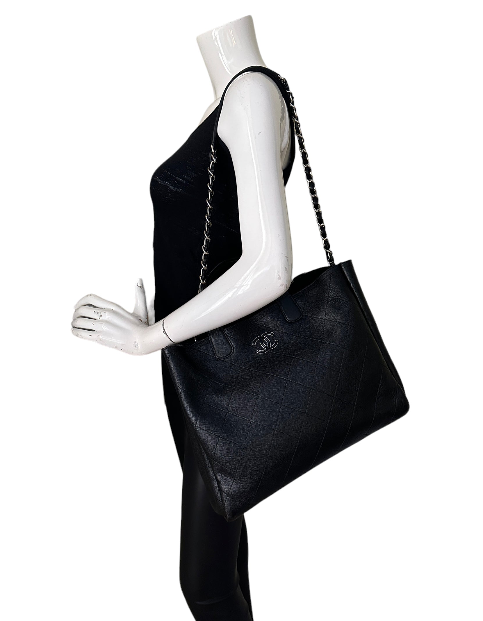 Chanel Black Caviar Leather Quilted CC Tote Bag - Rovelle Bags