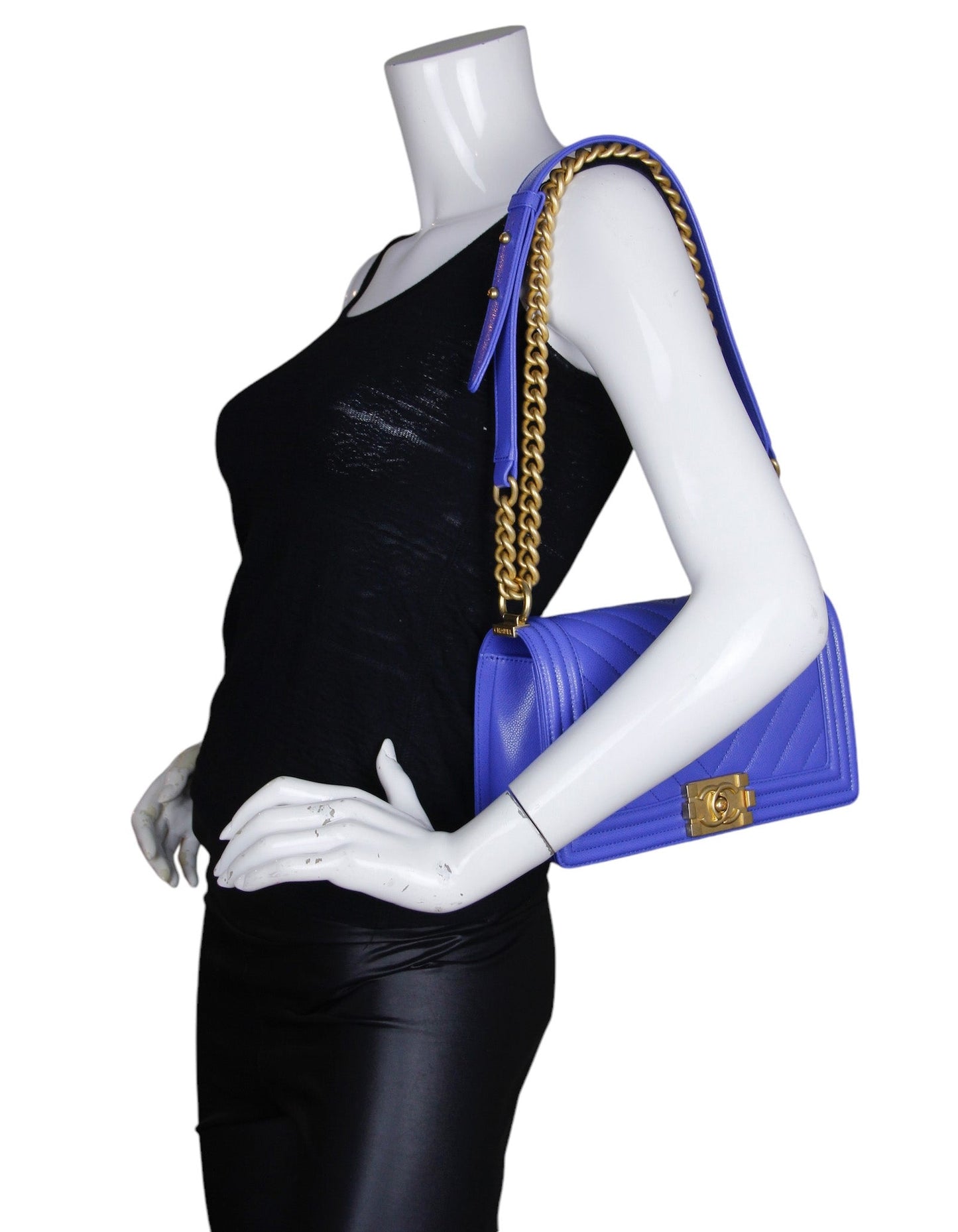 Chanel Cobalt Caviar Chevron Quilted Medium Handbag - Rovelle Bags