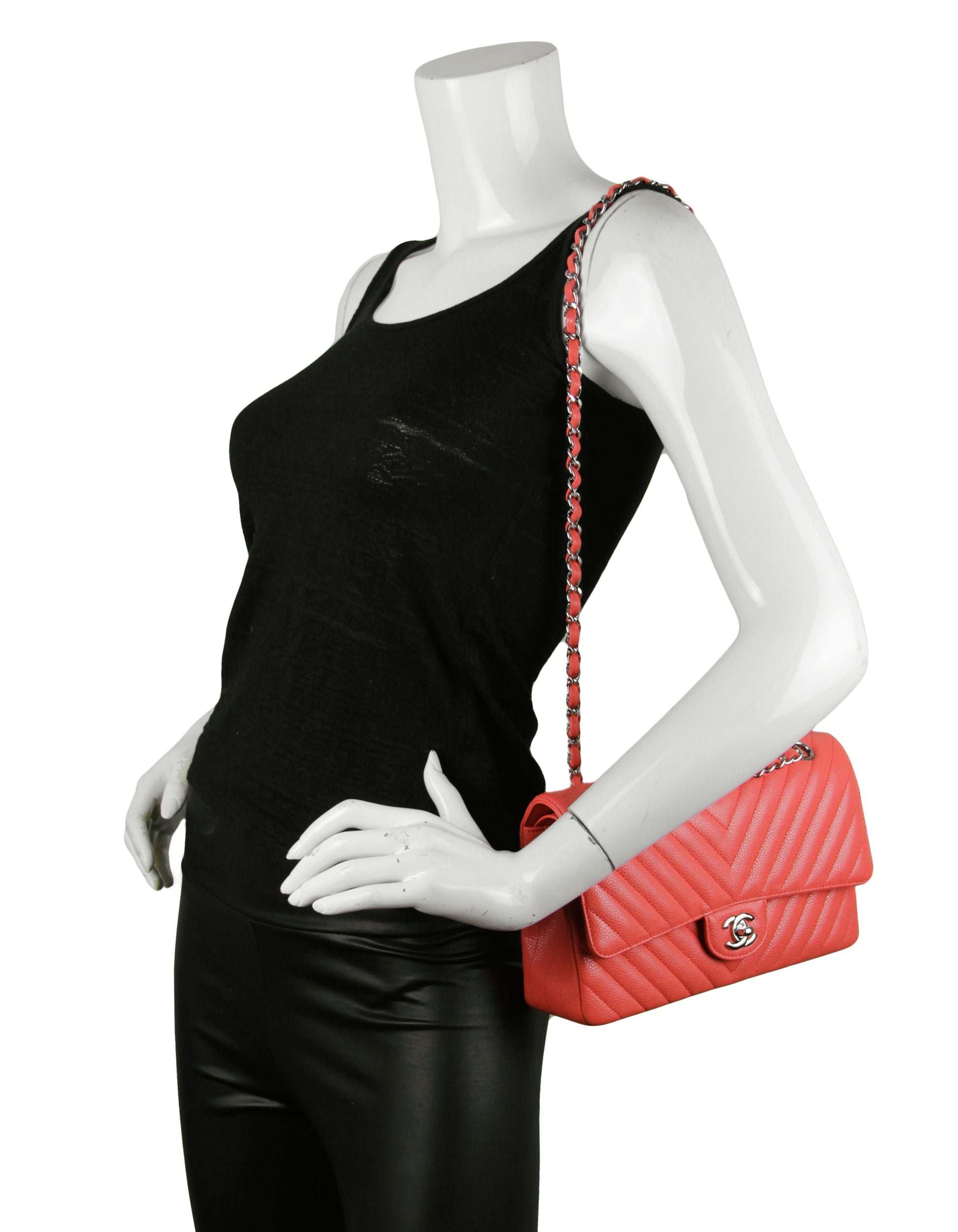 Chanel Coral Caviar Leather Chevron 10" Flap Bag - Rovelle Bags