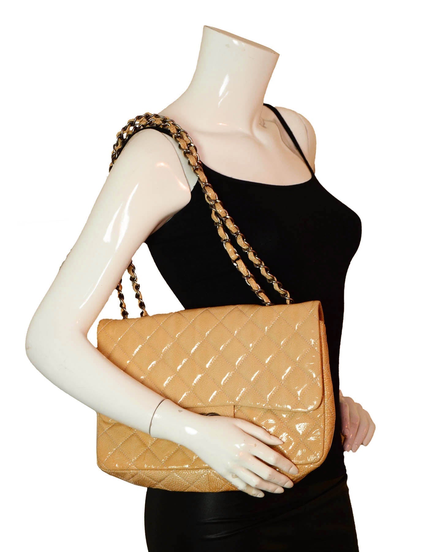 Chanel Cream Crumpled Patent Quilted Single Flap Bag - Rovelle Bags