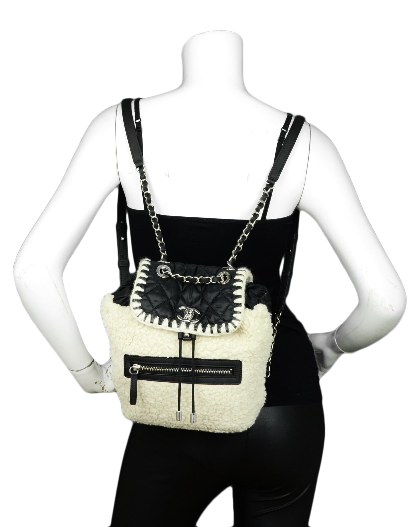 Chanel Black/Ecru Nylon & Shearling Coco Backpack - Rovelle Bags