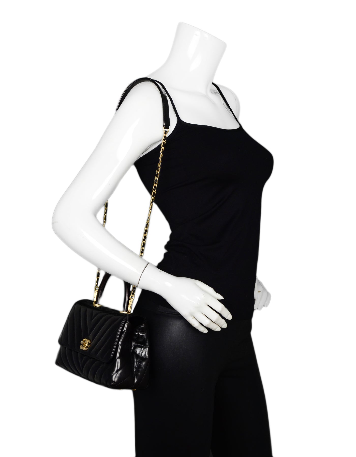 Chanel Black Shiny Calfskin Chevron Quilted Handbag - Rovelle Bags