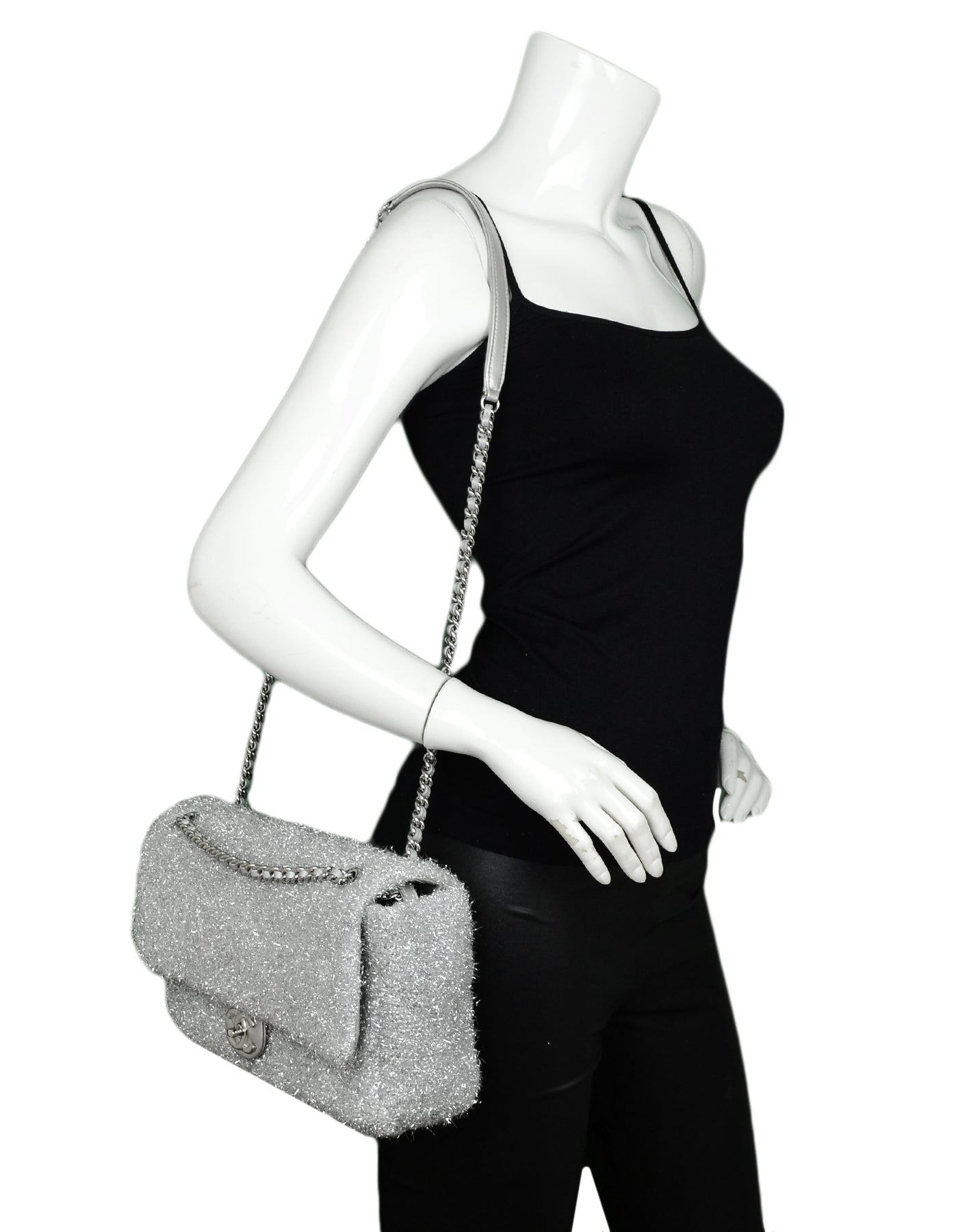 Chanel Silver Quilted Knit Pluto Glitter Flap Bag - Rovelle Bags