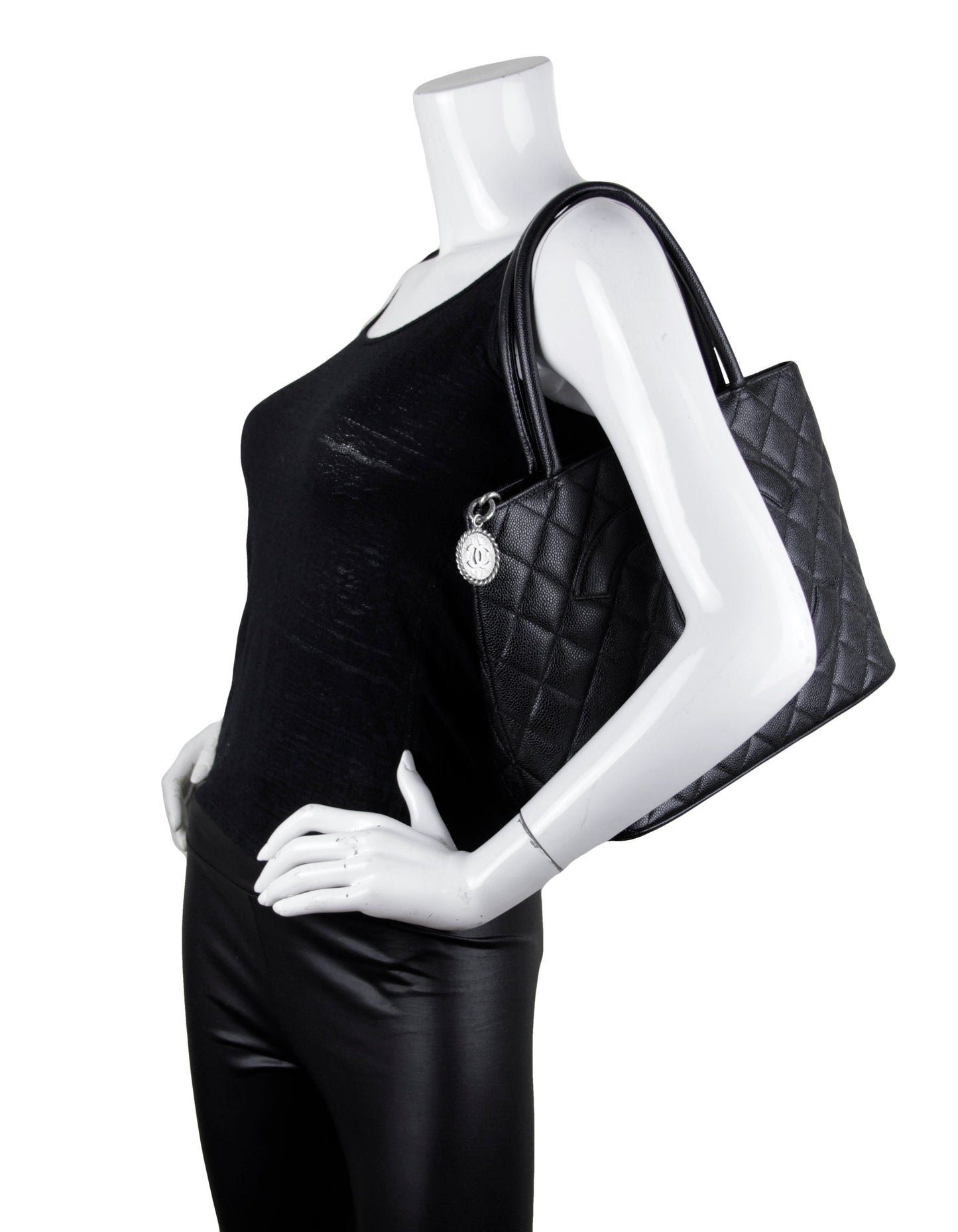 Chanel Black Caviar Leather CC Medallion Tote Bag - Rovelle Bags