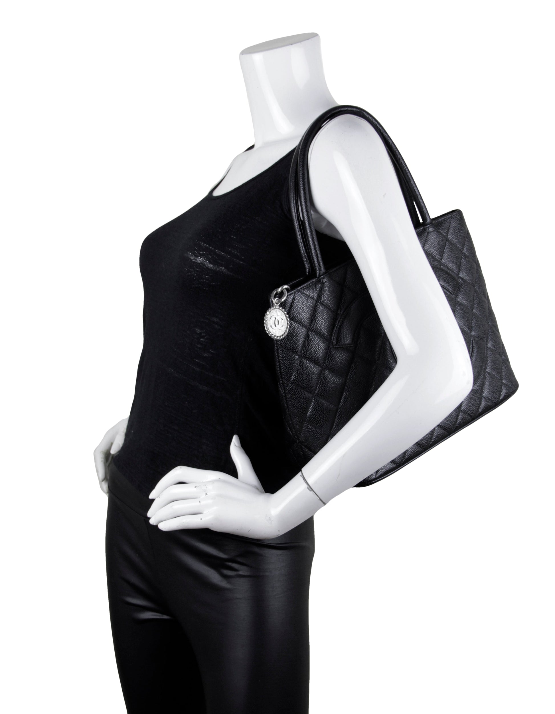Chanel Black Caviar Leather CC Medallion Tote Bag - Rovelle Bags