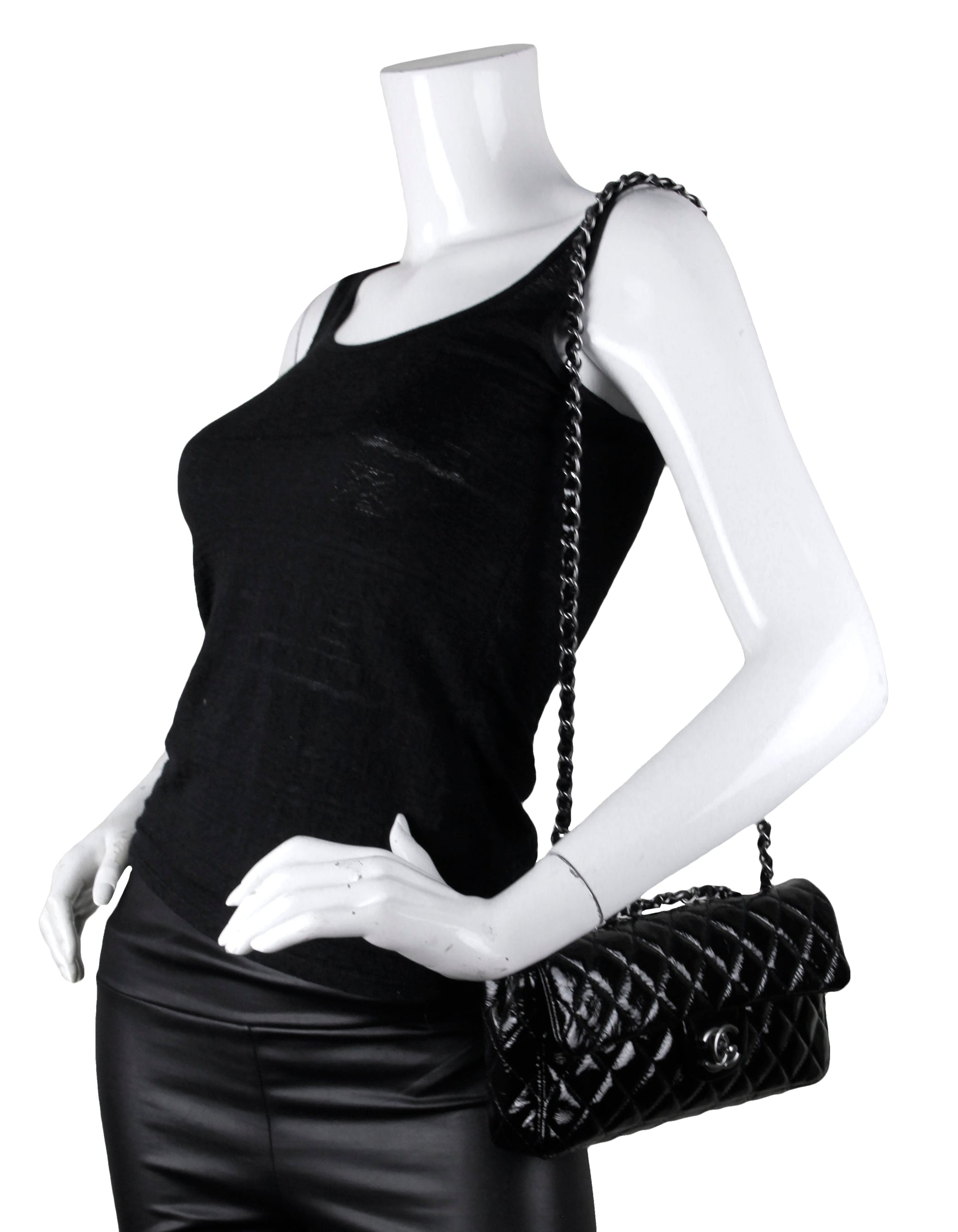 Chanel Black Distressed Patent Quilted East Flap Bag - Rovelle Bags