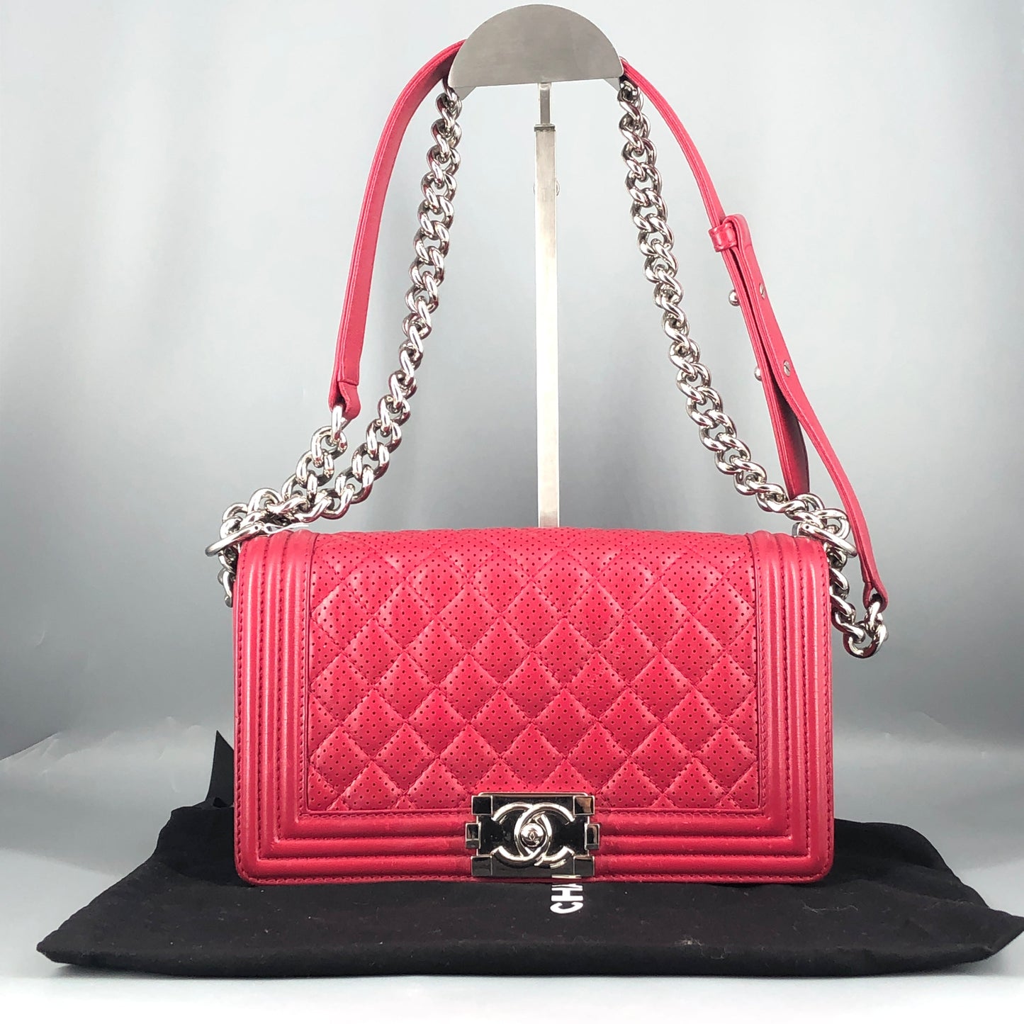 Chanel Boy Perforated Lambskin Quilted Shoulder Bag Hot Pink