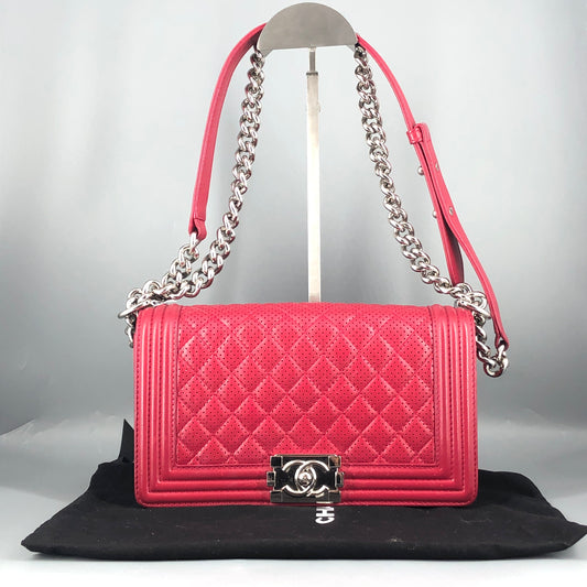 Chanel Boy Perforated Lambskin Quilted Shoulder Bag Hot Pink