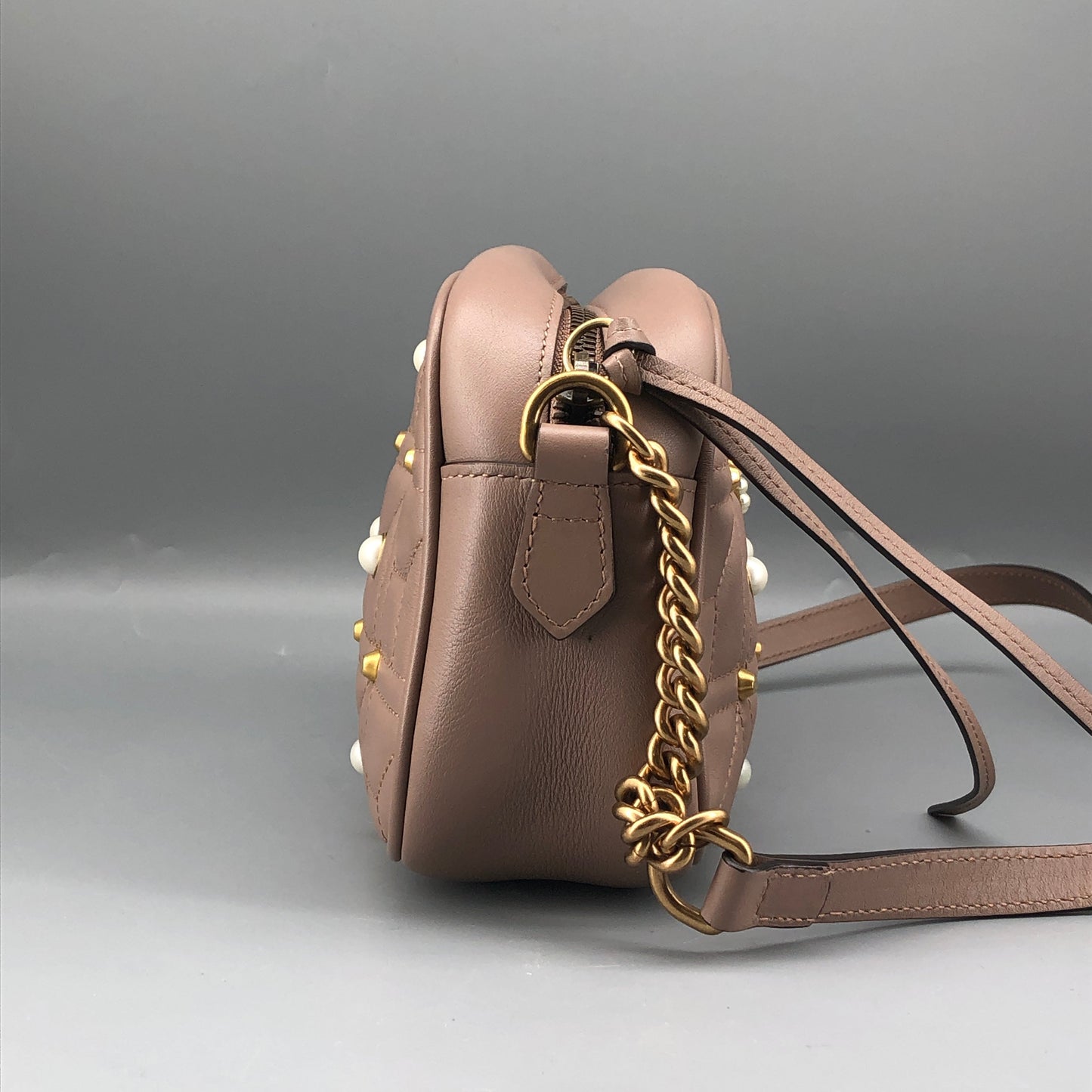 Gucci Dirty Pink Quilted Pearl GG Camera Crossbody Bag