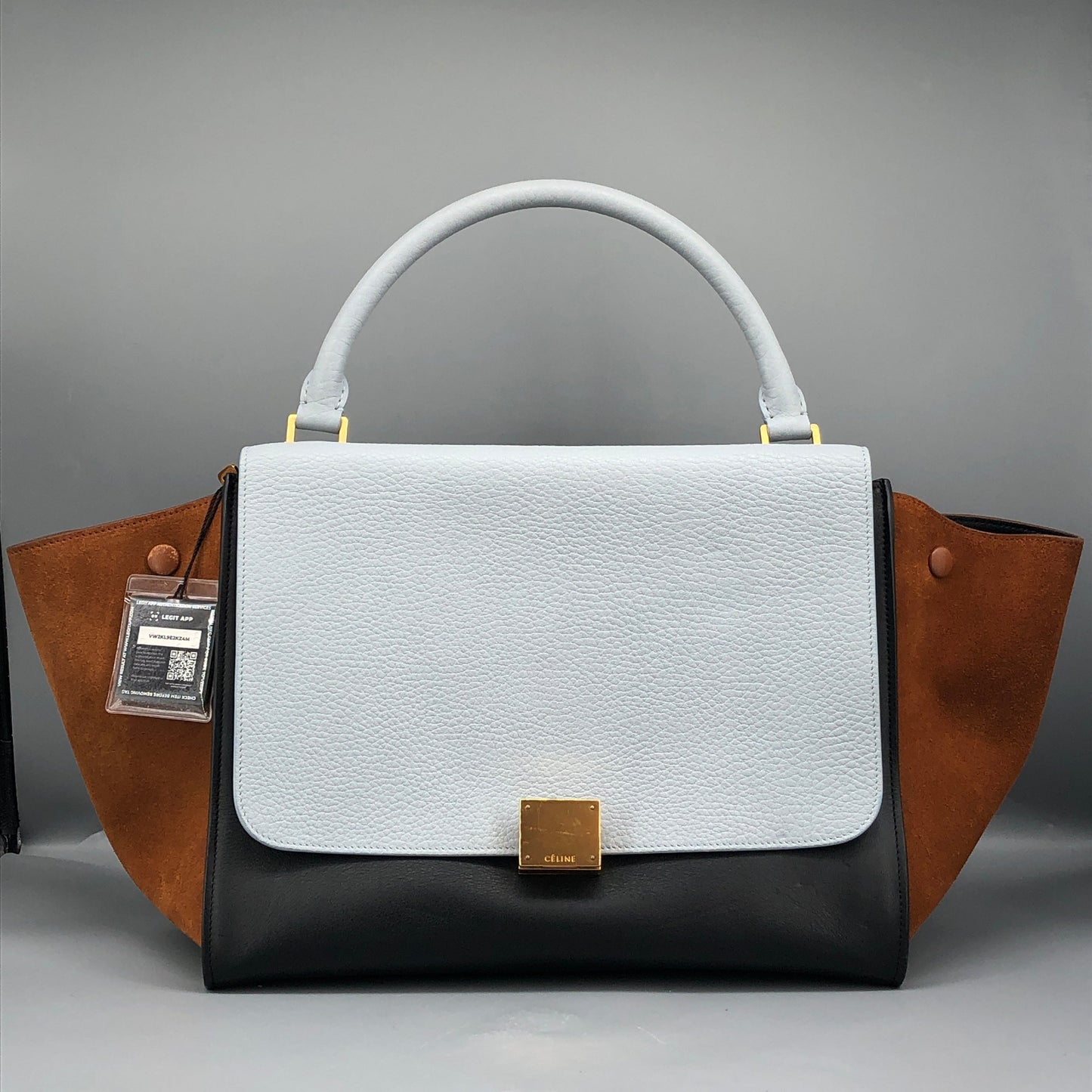 Celine Trapeze Leather & Suede Tote Bag Light Blue/Caramel/Black