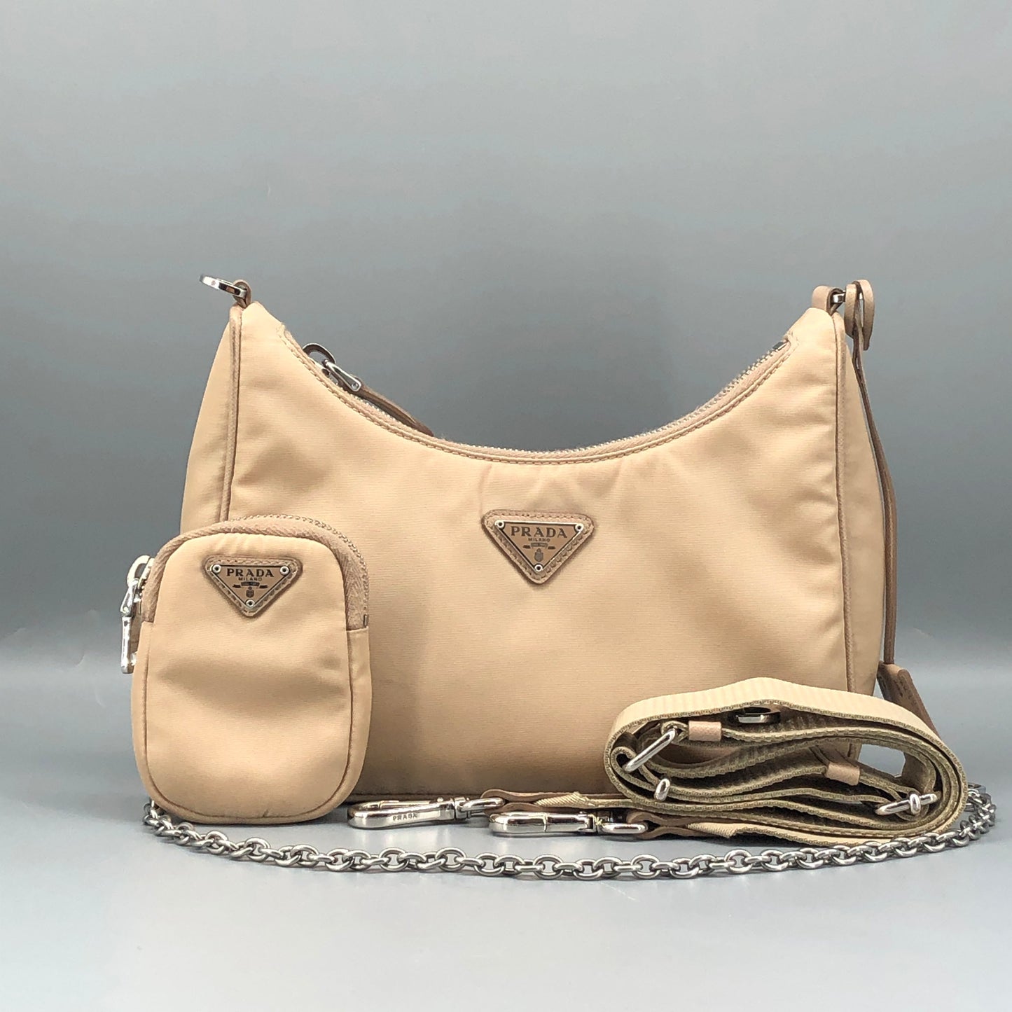 Prada Re-Nylon Classic Hobo Shoulder Bag Beige