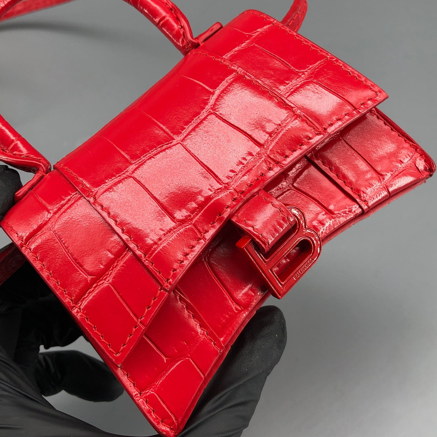 Balenciaga Red Croc Embossed Nano Hourglass Top Handle Bag