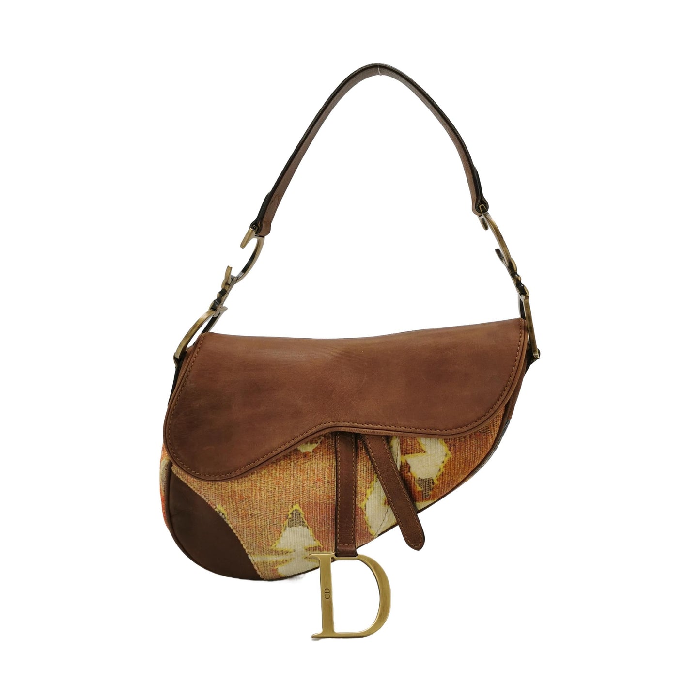 Dior Saddle Brown Leather Printed Velvet Gold Hardware Shoulder Bag
