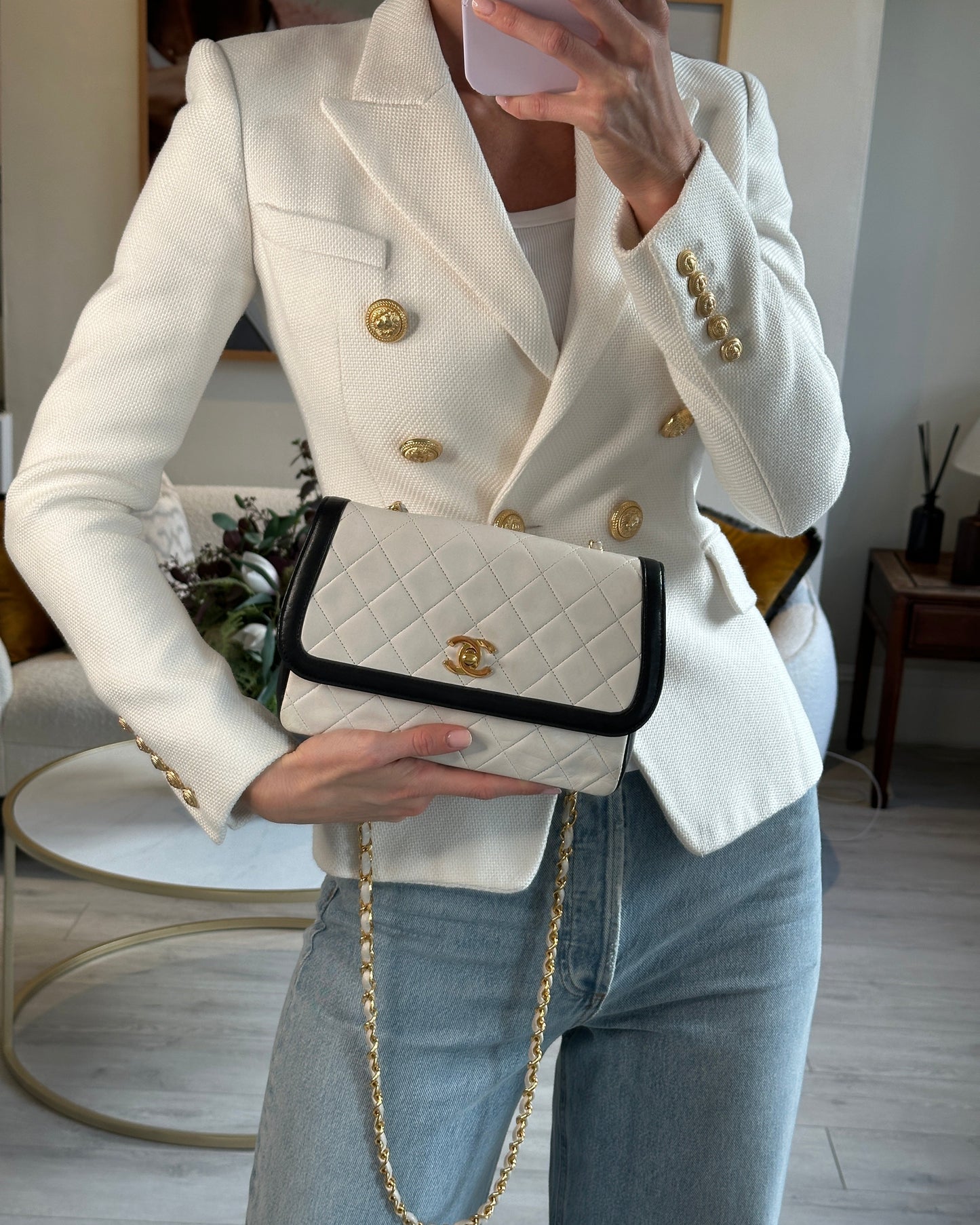Chanel White, Black Trim Matelasse Cross-Body Handbag - Rovelle Bags