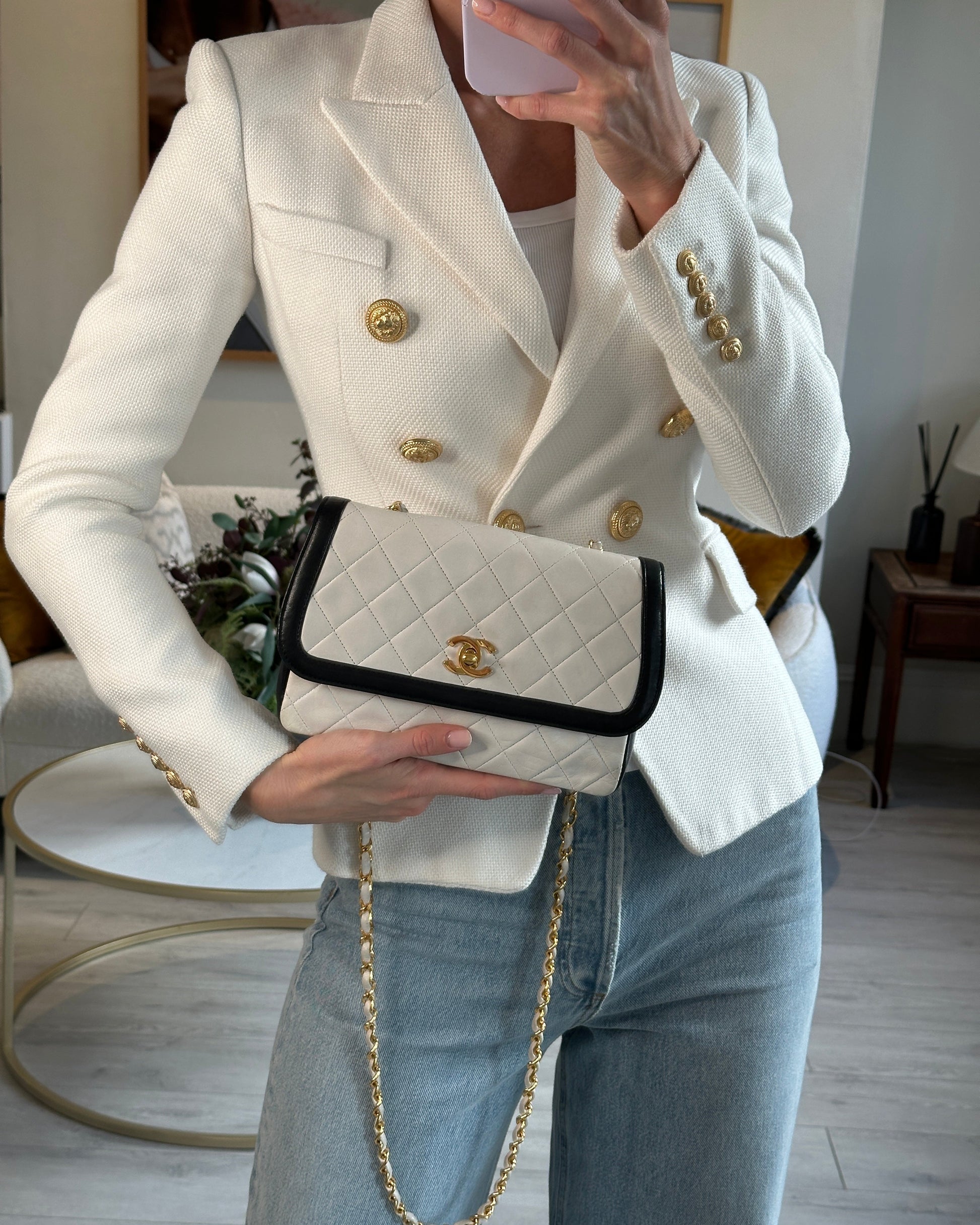 Chanel White, Black Trim Matelasse Cross-Body Handbag - Rovelle Bags