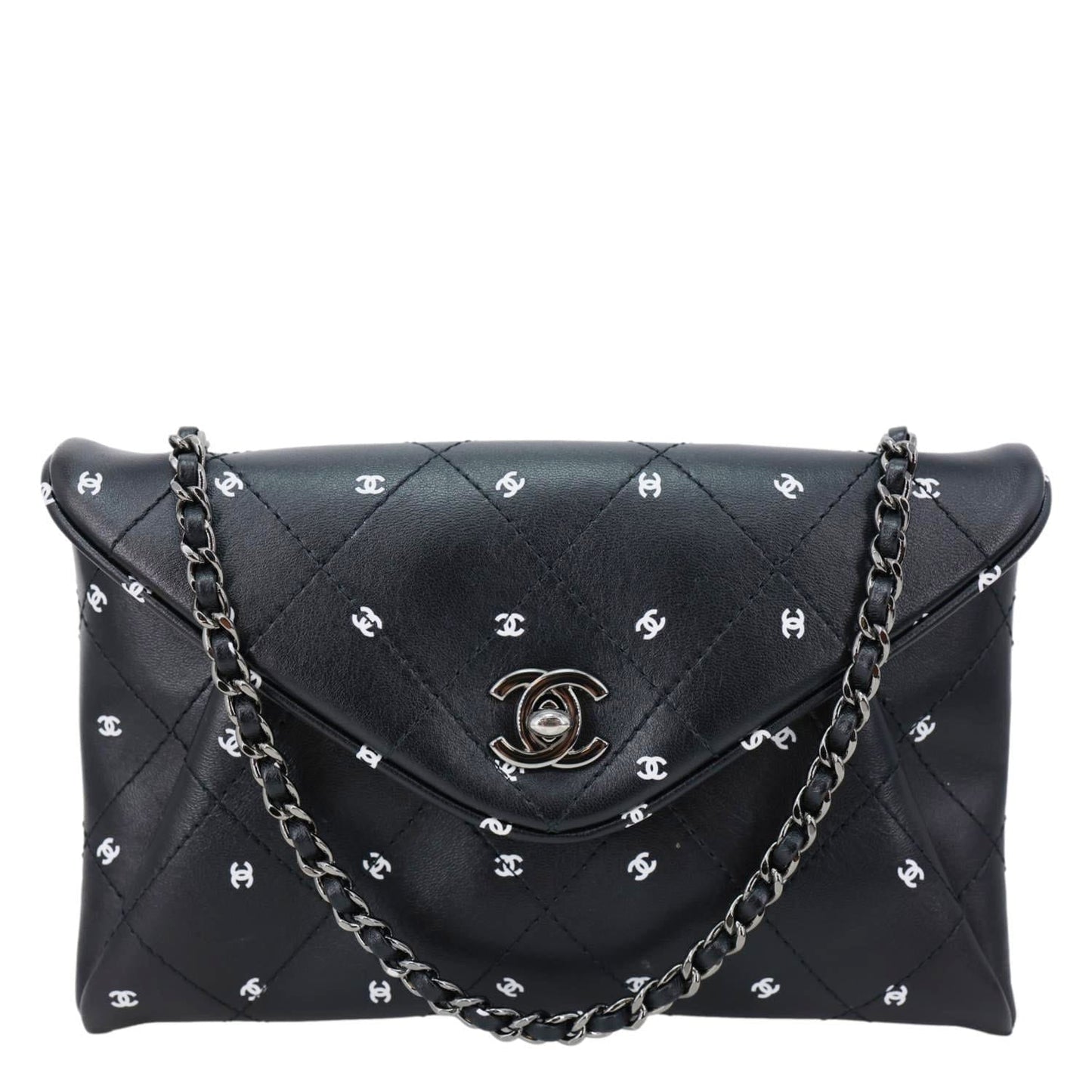 CHANEL CC Envelope Printed Lambskin Leather Chain Clutch Bag Black