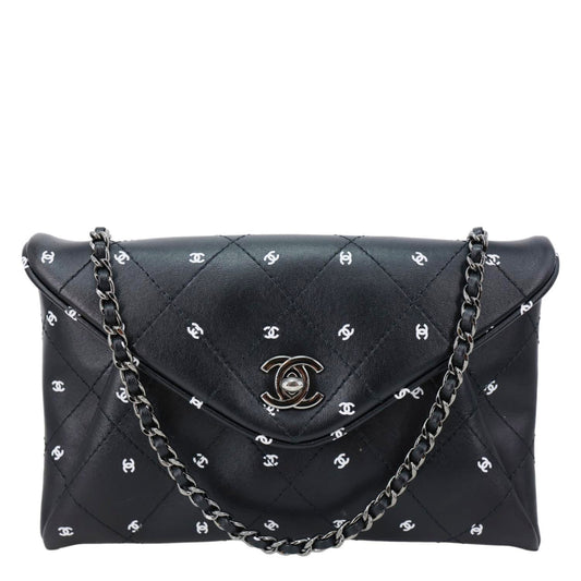 CHANEL CC Envelope Printed Lambskin Leather Chain Clutch Bag Black