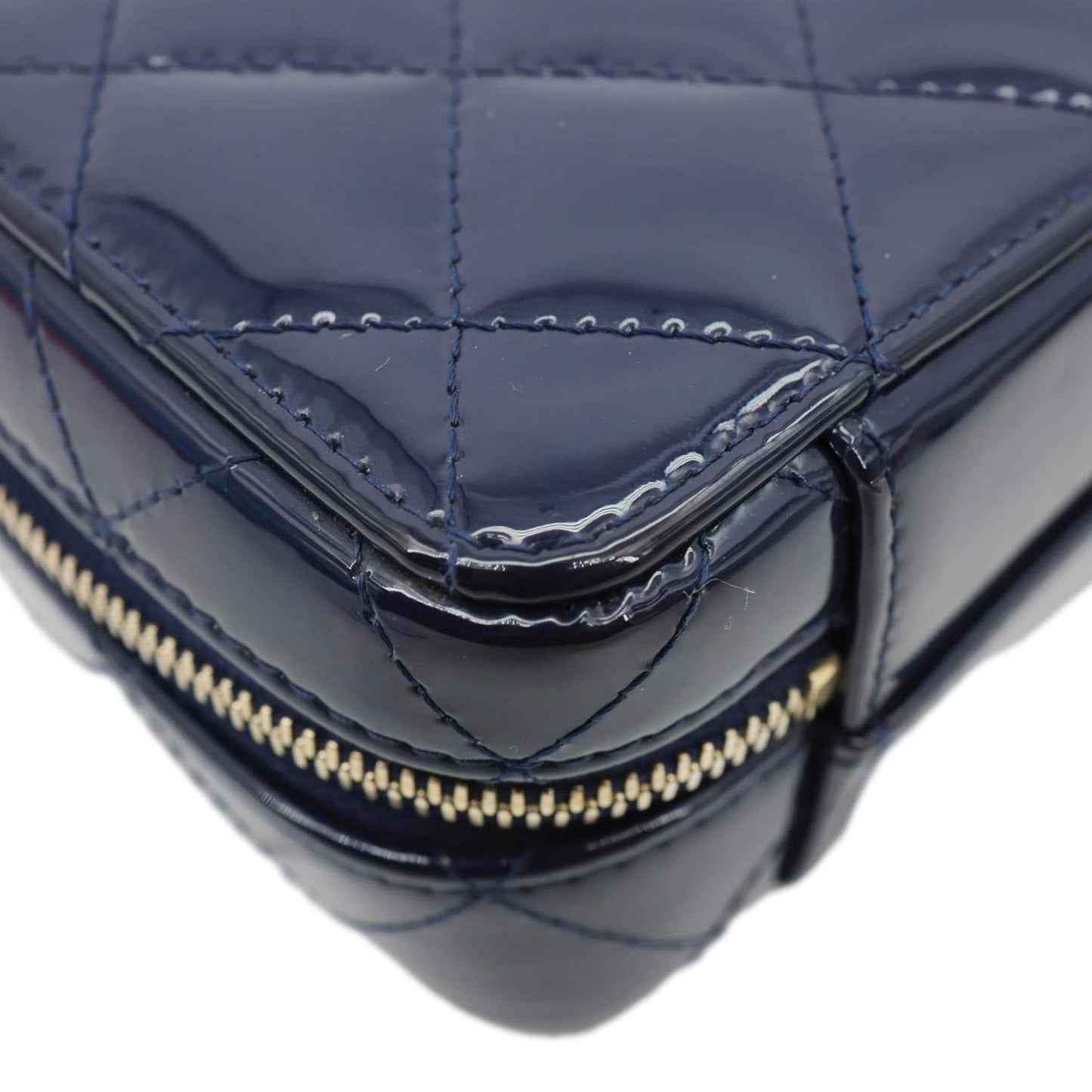 CHANEL Woven Chain Vanity Case Mini Patent Leather Top Handle Shoulder Bag Blue