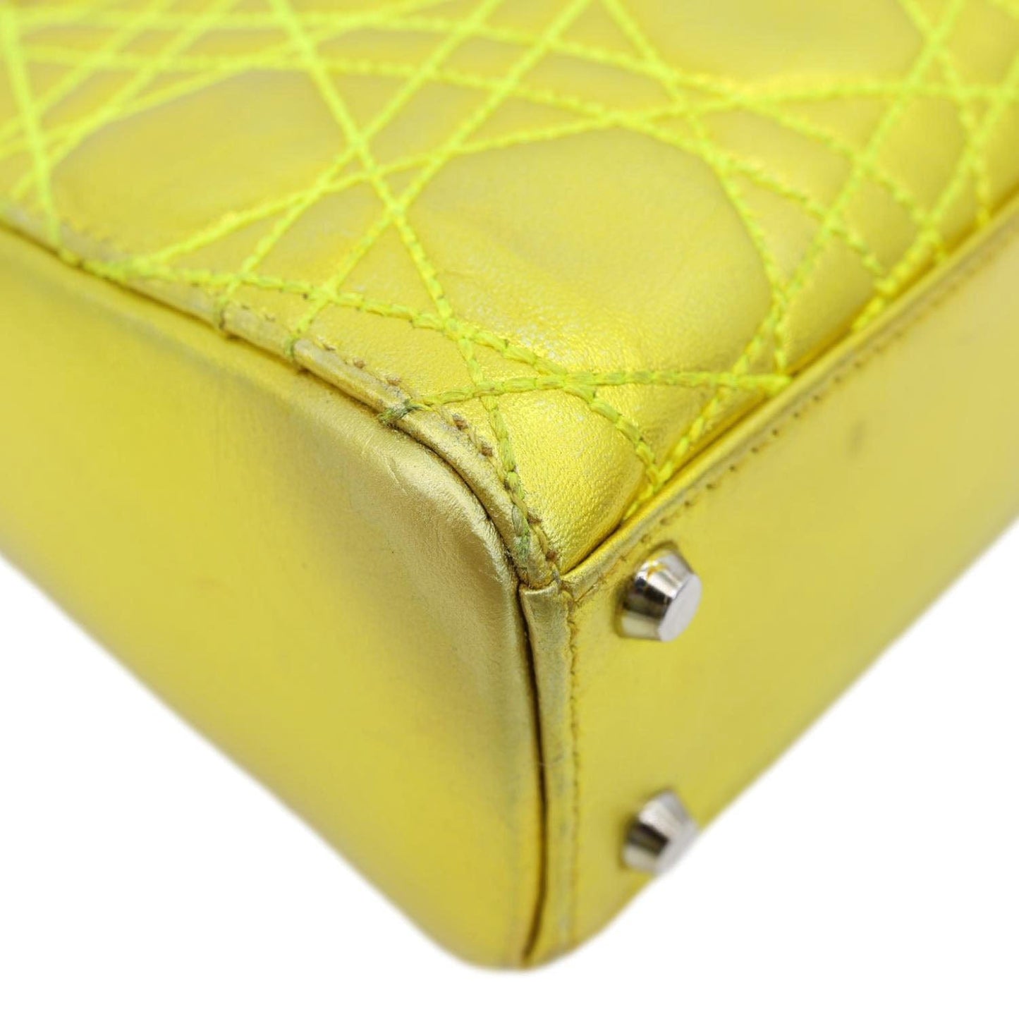 CHRISTIAN DIOR Lady Dior Mini Metallic Leather Shoulder Bag Neon Yellow