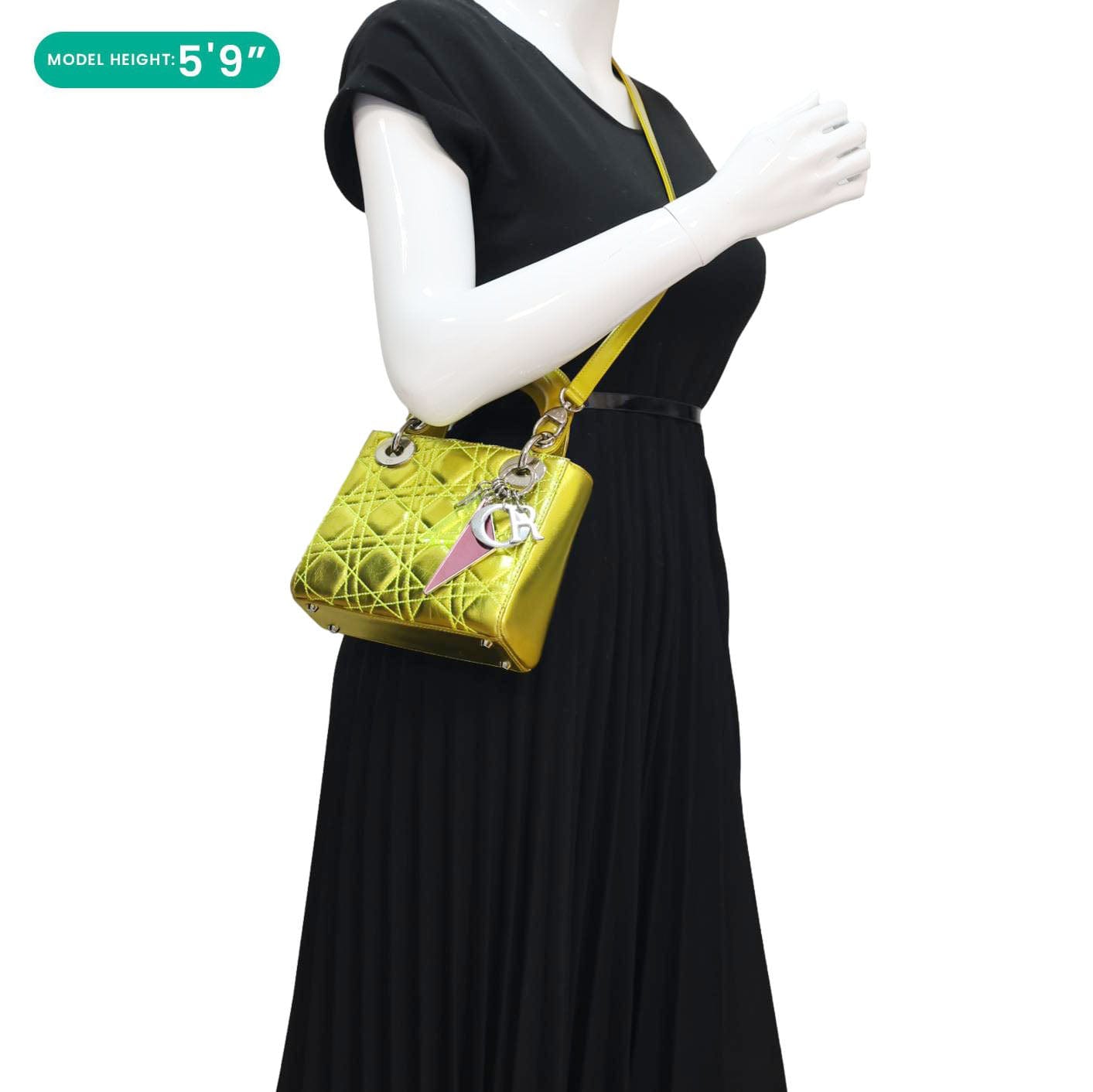 CHRISTIAN DIOR Lady Dior Mini Metallic Leather Shoulder Bag Neon Yellow